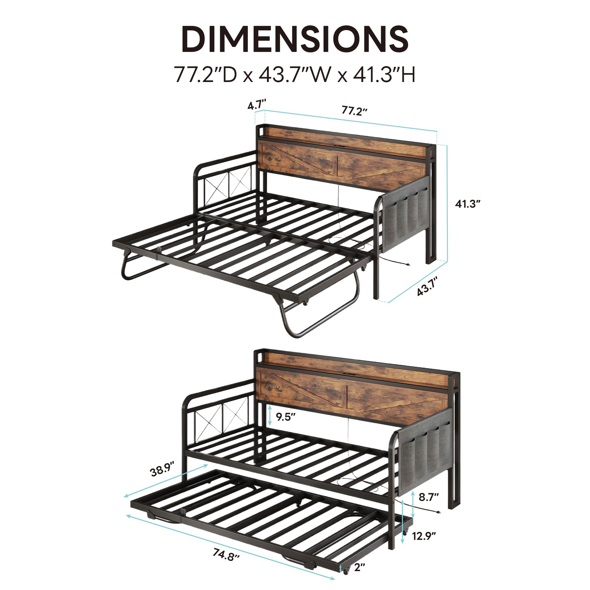 Twin Daybed with Trundle – Brown Industrial Sofa Bed with Storage Headboard & Charging Station for Bedroom or Guest Room