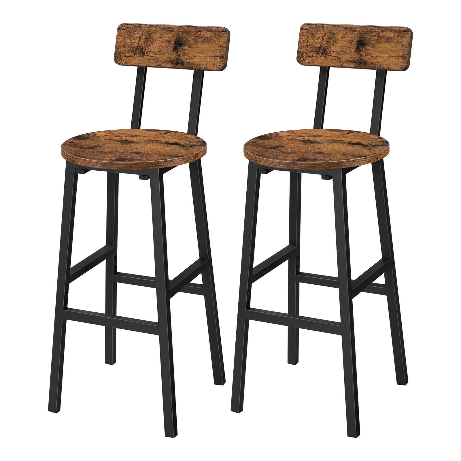 Bar Stools Set of 2, 24.4" Round Bar Chairs with Backrest & Footrest, Adjustable Feet, Rustic Brown for Kitchen, Living Room, Pub