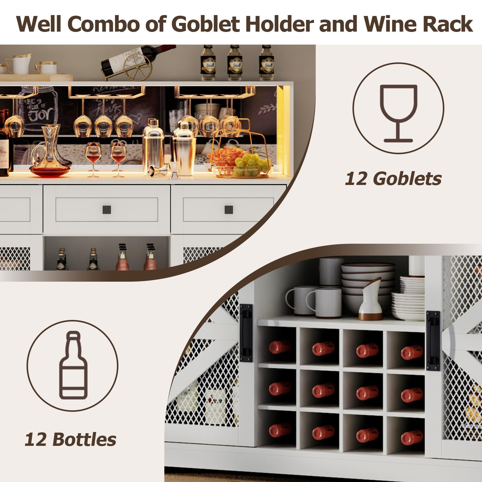 White Wine Bar Cabinet with LED Light, Kitchen Buffet with 3 Drawers, Goblet Holder, Mirror & Adjustable Storage Shelf