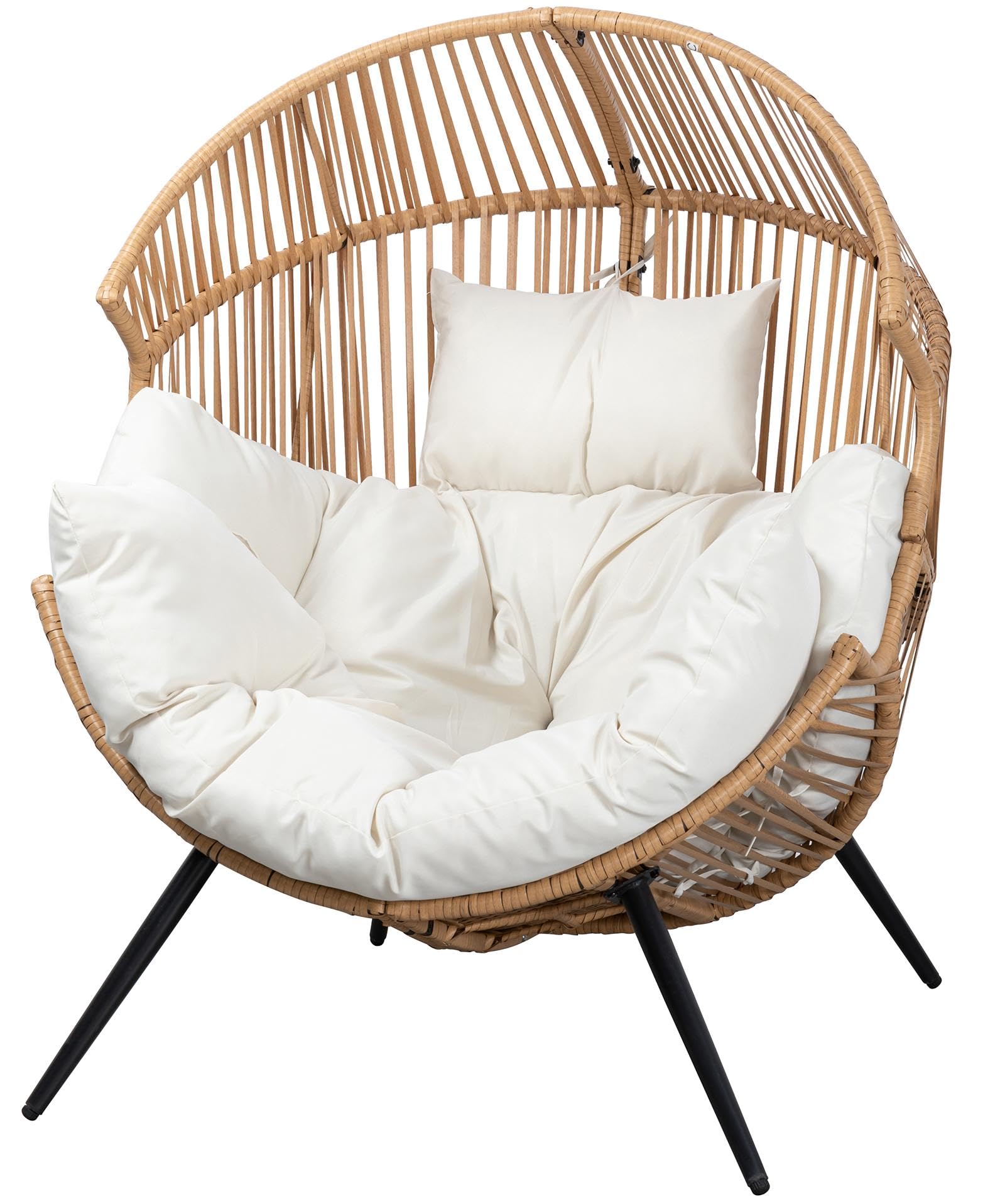 Oversized Wicker Egg Chair – Beige Patio Lounger with Cushion for Indoor Living Room, Balcony or Outdoor Spaces