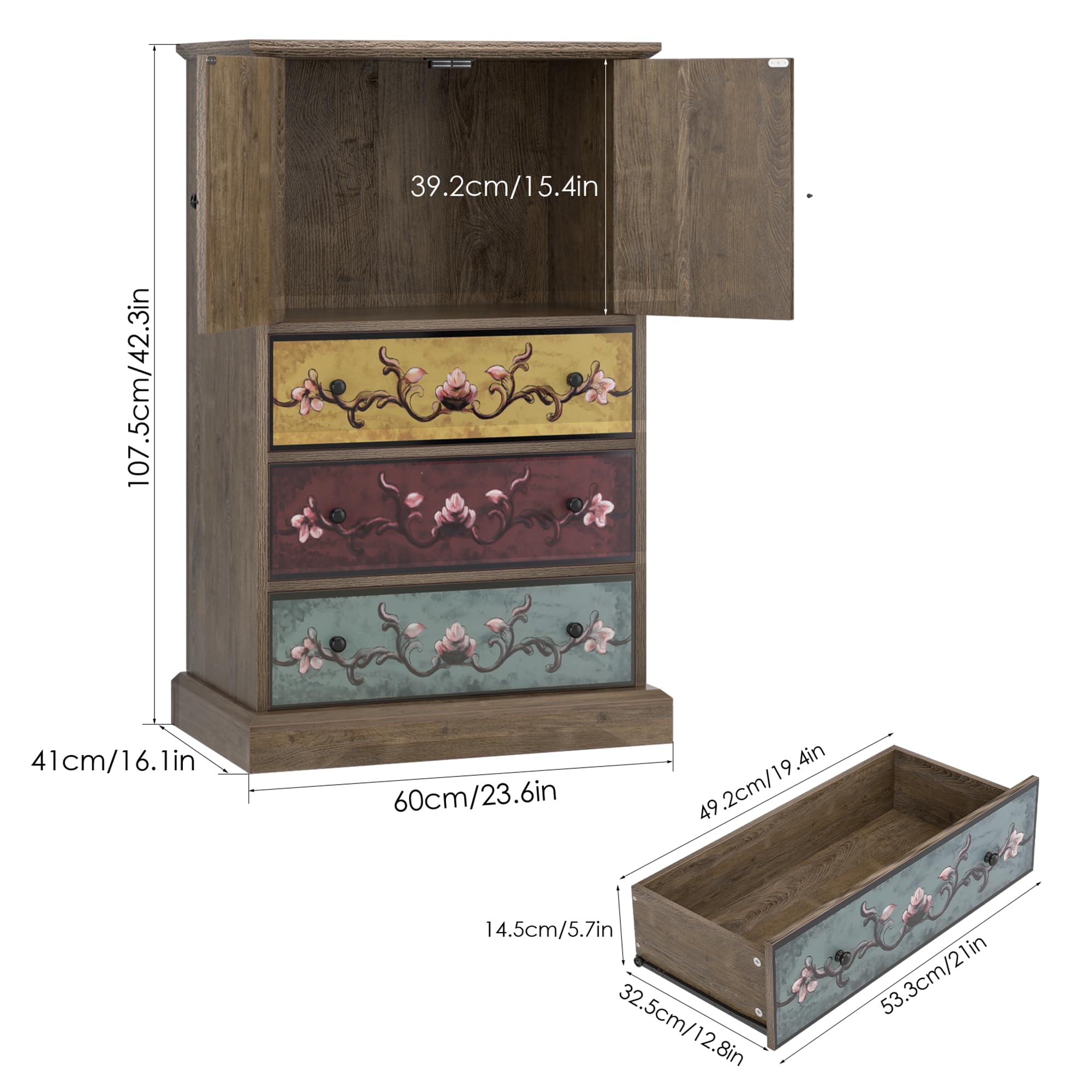 Tall Boho Wood Chest with Drawers & Doors, 42.3" Accent Dresser Cabinet for Office, Bedroom, Living Room