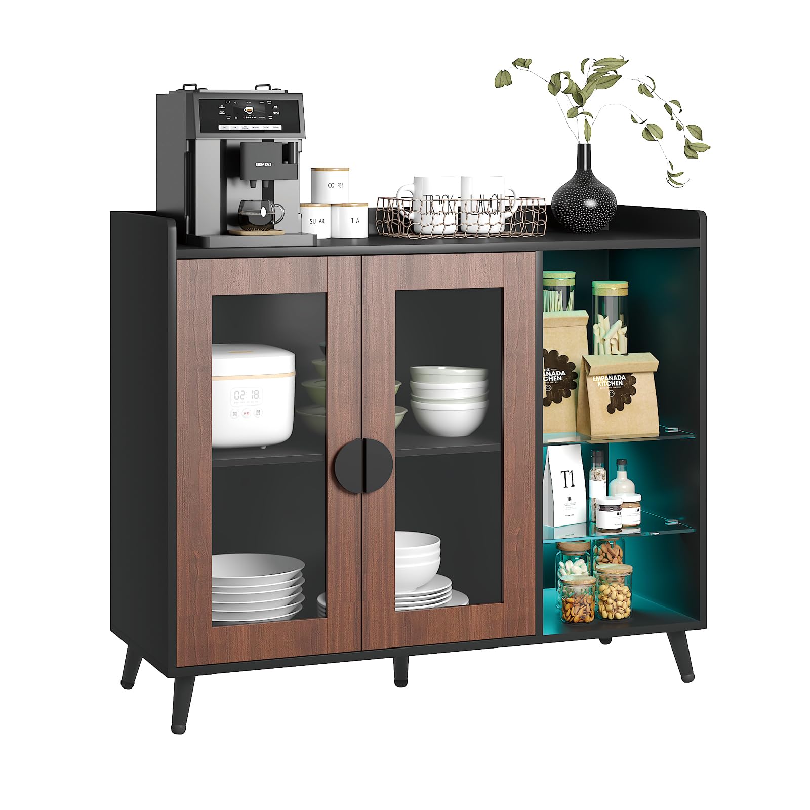 FURNIXI Sideboard Buffet Cabinet with Storage, Modern LED Coffee Bar Console with Glass Shelves & Acrylic Doors, for Dining Room