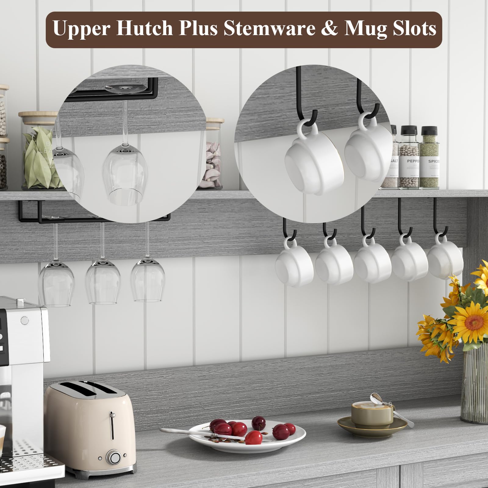 FURNIXI Grey Farmhouse Bar Cabinet with Hutch, Buffet Storage Unit with 3 Drawers, Cup Hooks, Goblet Holder for Kitchen Dining