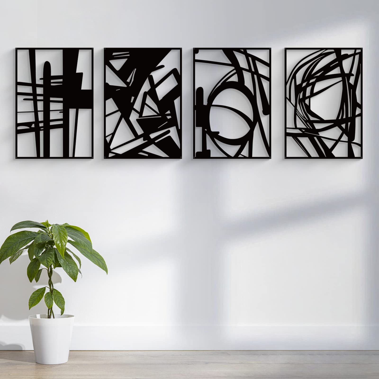 4-Pack Black Abstract Metal Wall Art – Minimalist Single Line Sculptures for Living Room, Bedroom, or Study