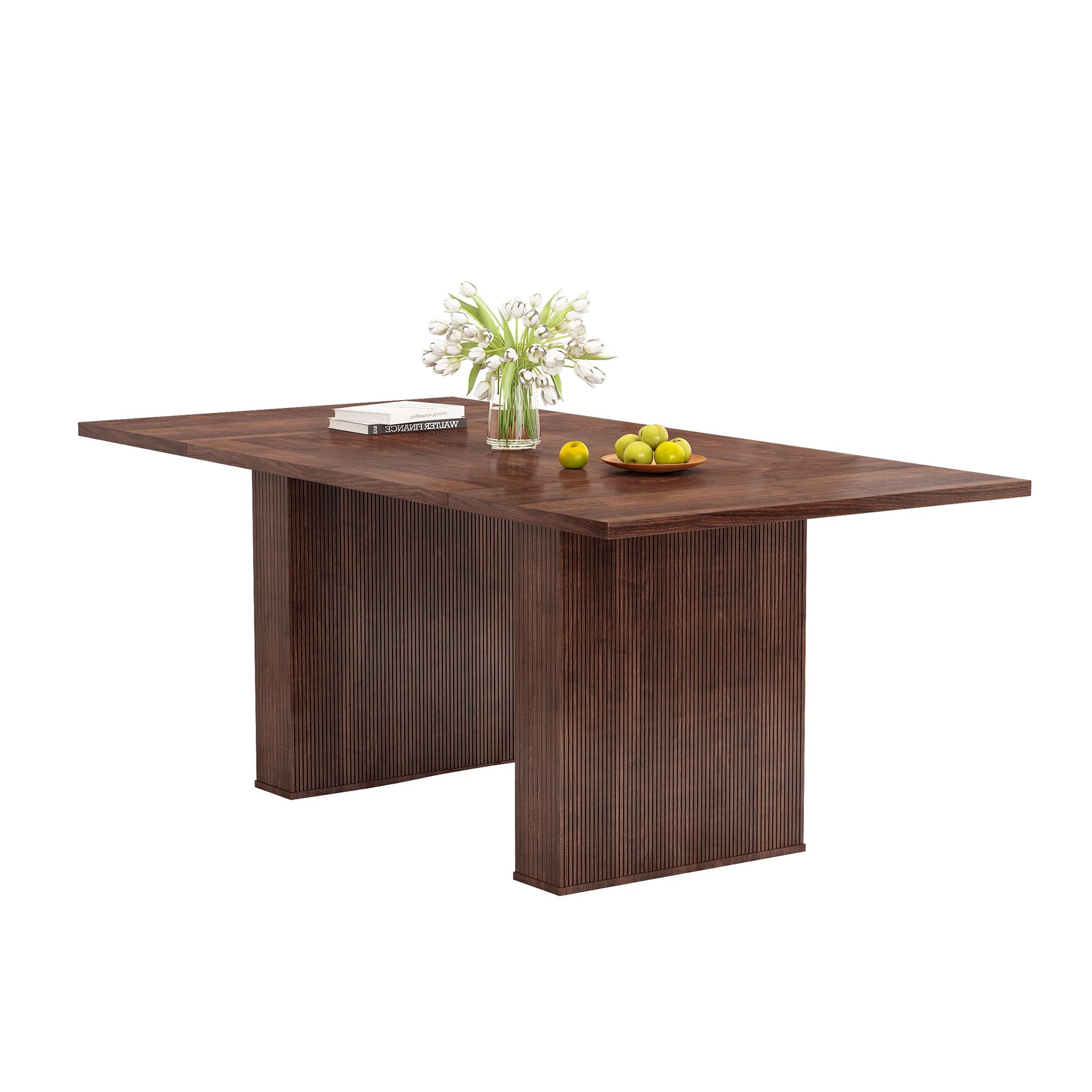 78" Modern Farmhouse Dining Table, Long Walnut Kitchen Table with Wood Strip Base for 6-10 People