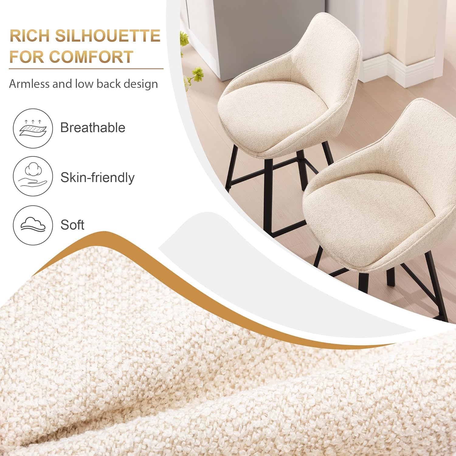 Swivel Bar Stools Set of 3, Modern 26'' Upholstered Counter Height Barstools with Backs and Metal Legs for Kitchen Island, Beige