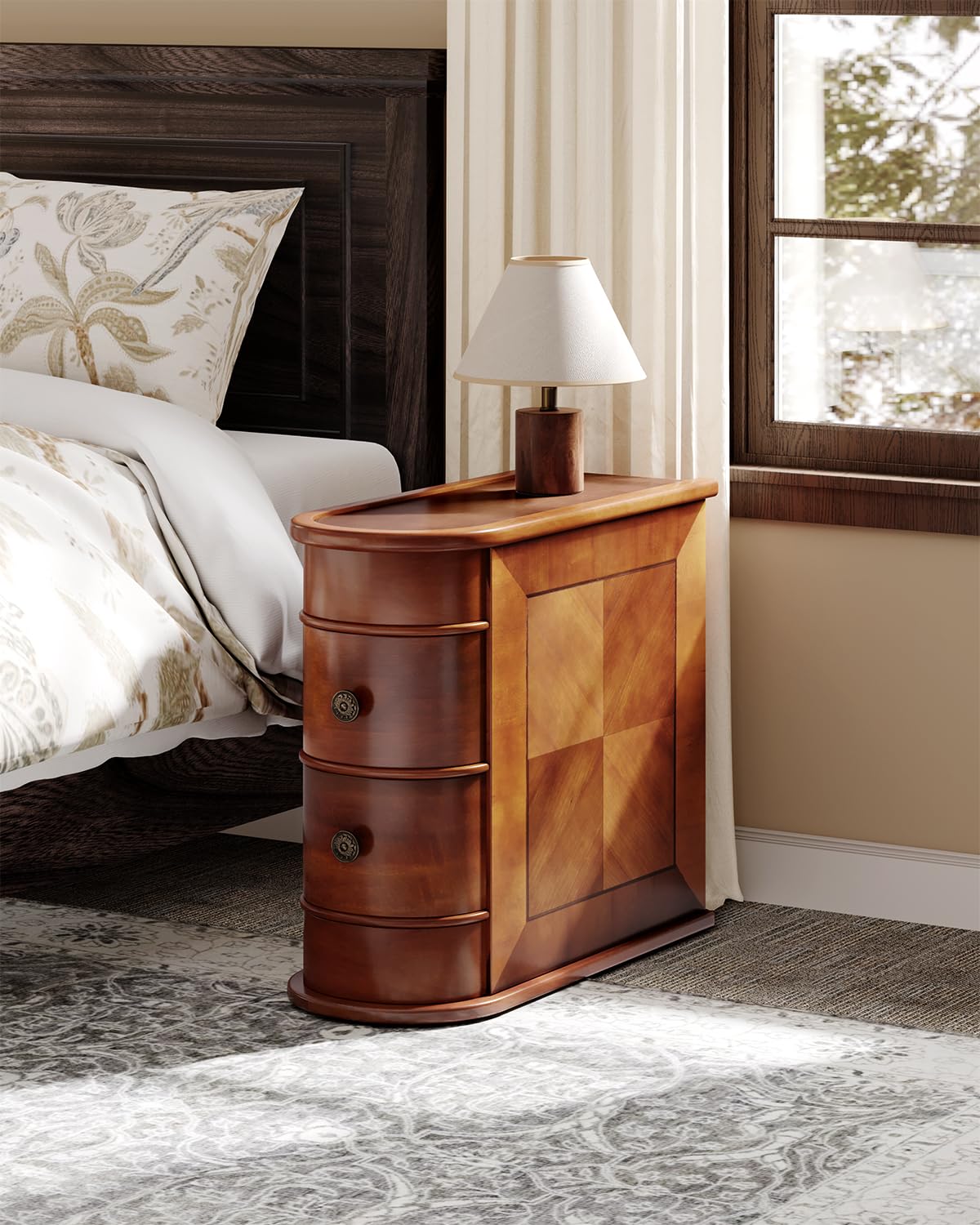 Vintage Wood End Table with 2 Drawers, No Assembly Slim Nightstand for Bedroom or Sofa Side Table