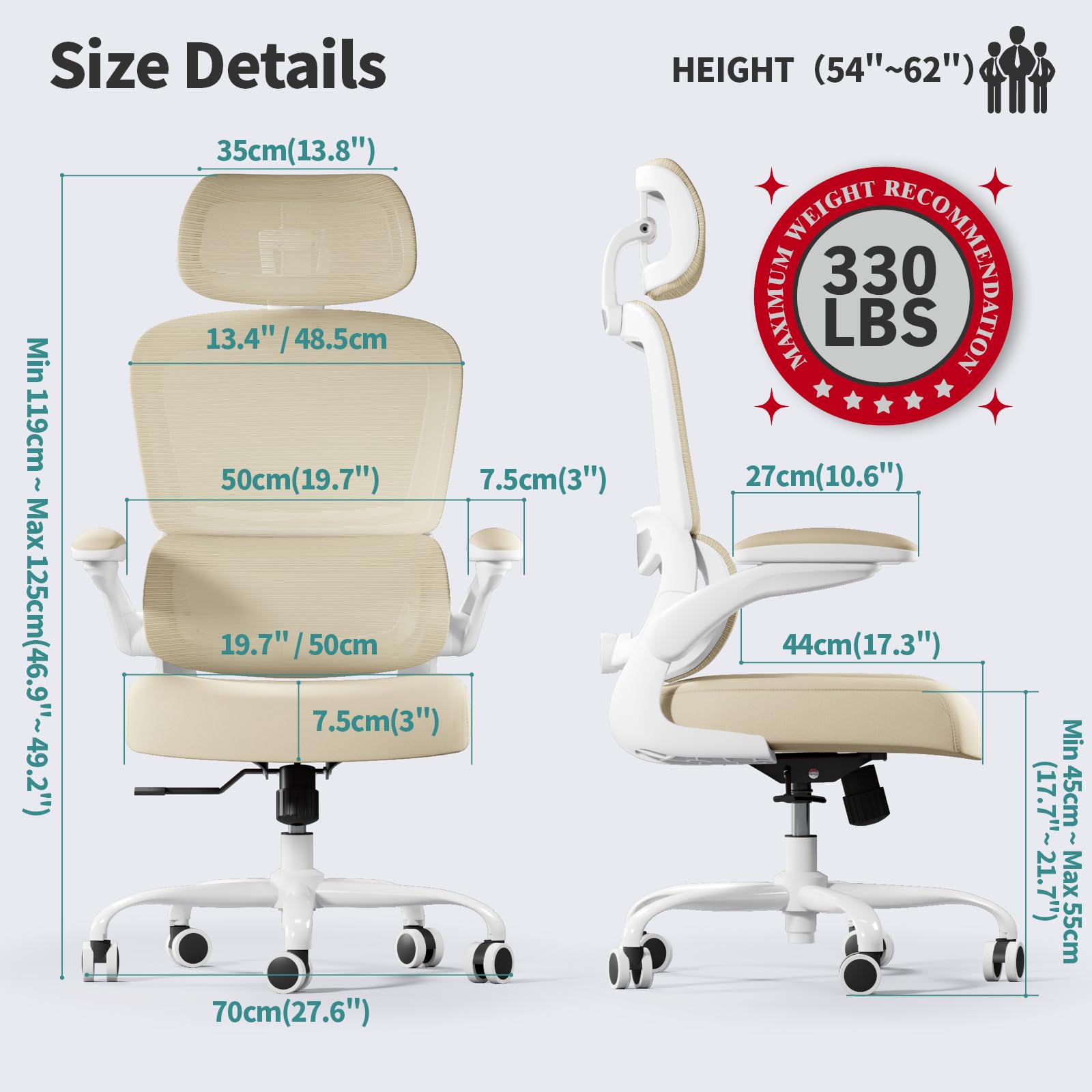 330 LBS Ergonomic Mesh Office Chair, High-Back Desk Chair with Wheels for Long Hours Work, Beige