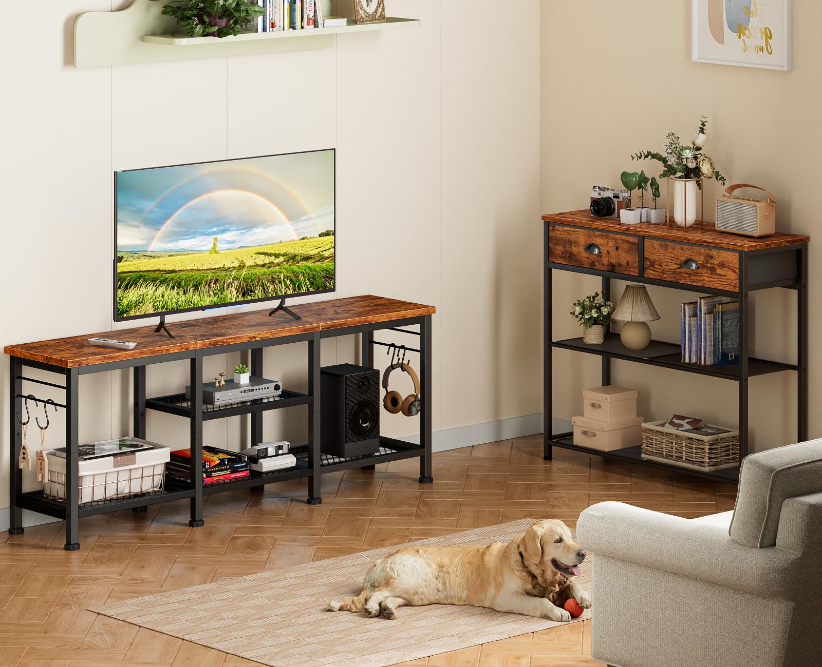 TV Stand for TVs up to 55" – Rustic Brown Media Console with Open Storage Shelves & Soundbar Shelf for Living Room or Bedroom
