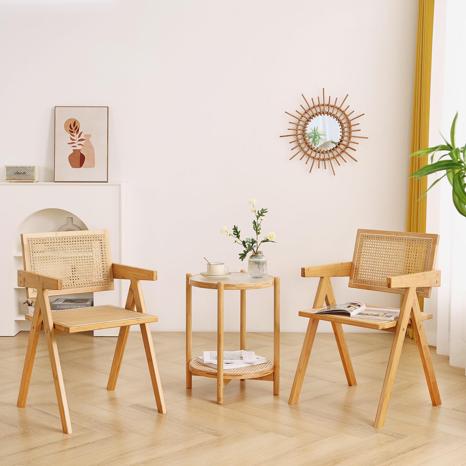 Set of 2 Modern Rattan Armchairs, Mid-Century Accent Chairs for Dining, Bedroom or Reading Room