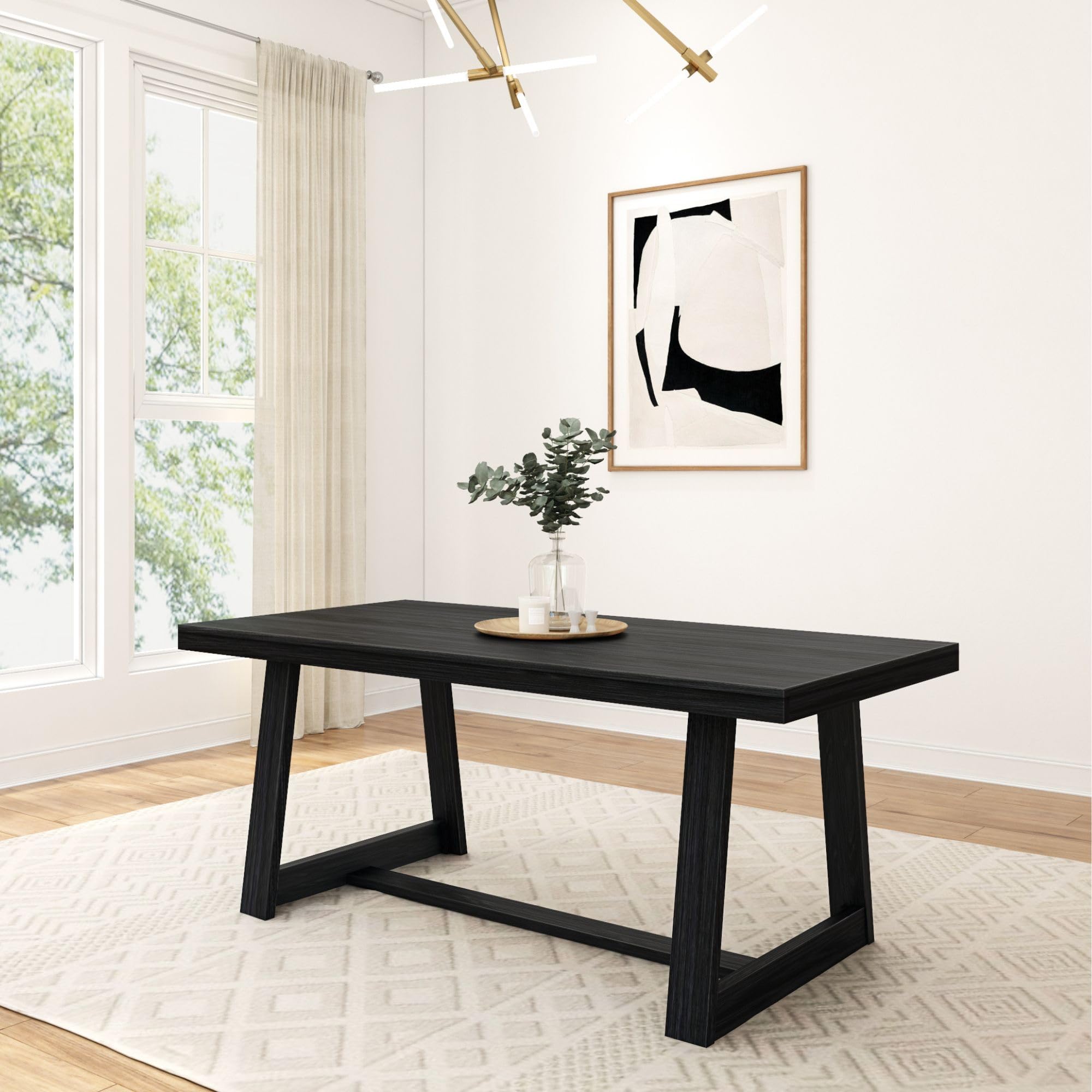72" Farmhouse Dining Table, Solid Wood Rectangular Dinner Table with Black Wirebrush Finish, Easy Assembly