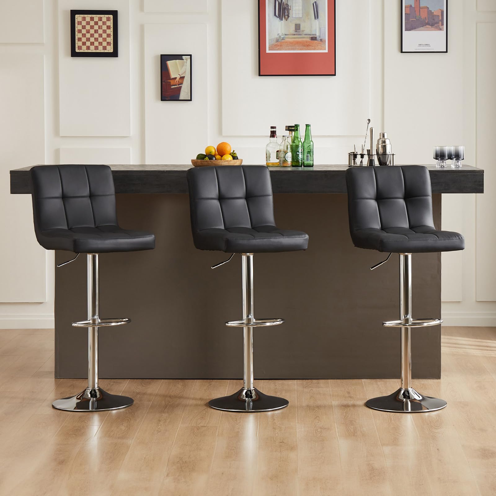 Bar Stools Set of 4, 24" PU Leather Saddle Stools with Metal Base, Counter Height Modern Bar Chairs for Kitchen Island, Black