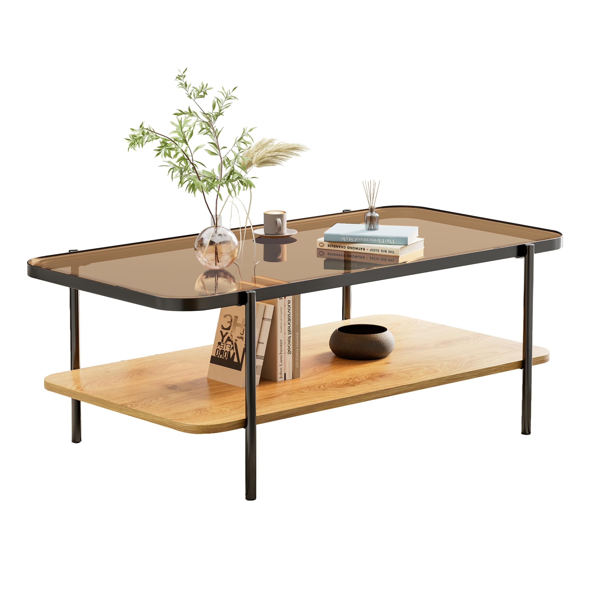 Brown Glass Coffee Table, Modern 2-Tier Table with Metal Legs, Open Storage & Rounded Corners, Rectangular Living Room Table