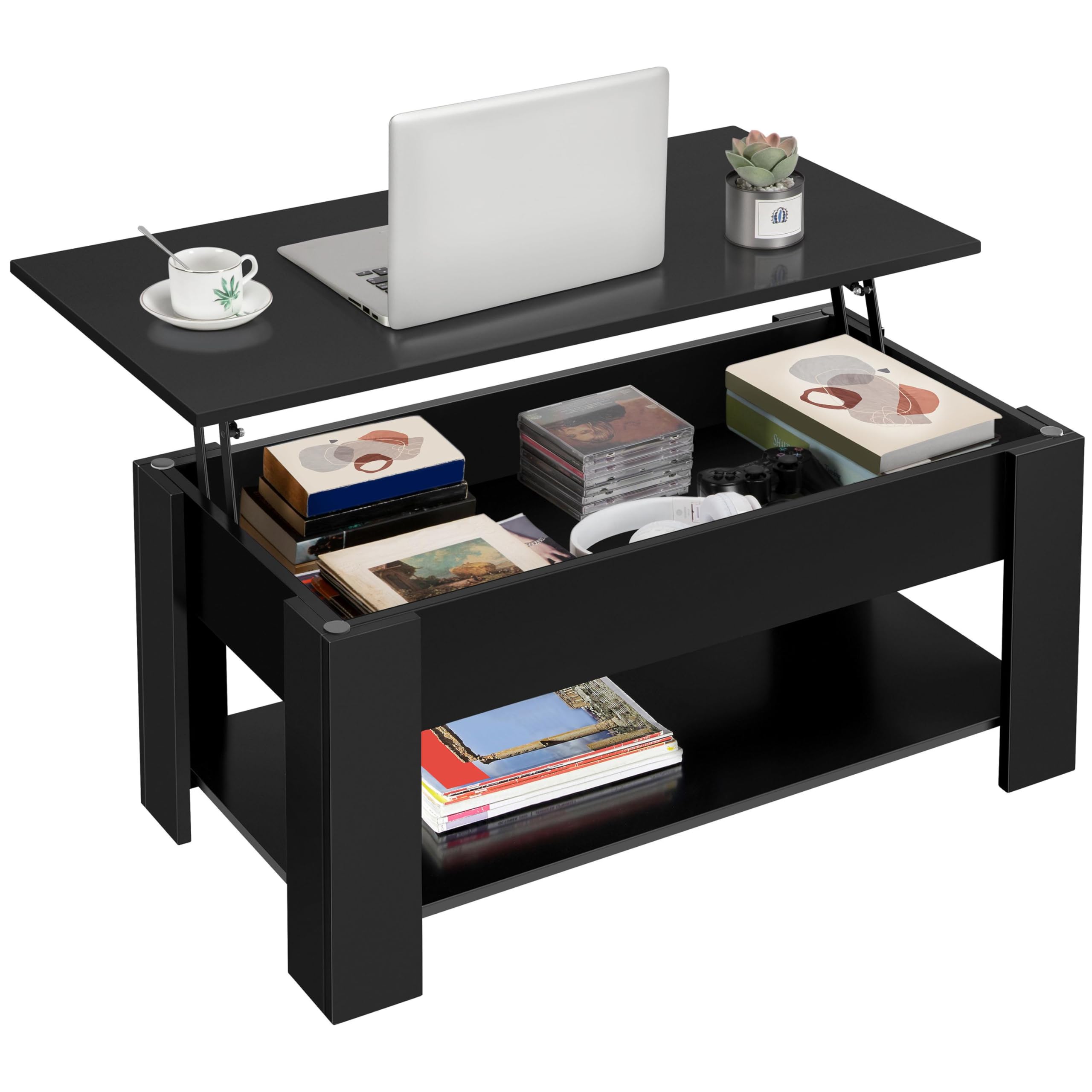 38.6" Lift Top Coffee Table with Hidden Storage, Black Wooden Dining Table for Living Room & Small Spaces