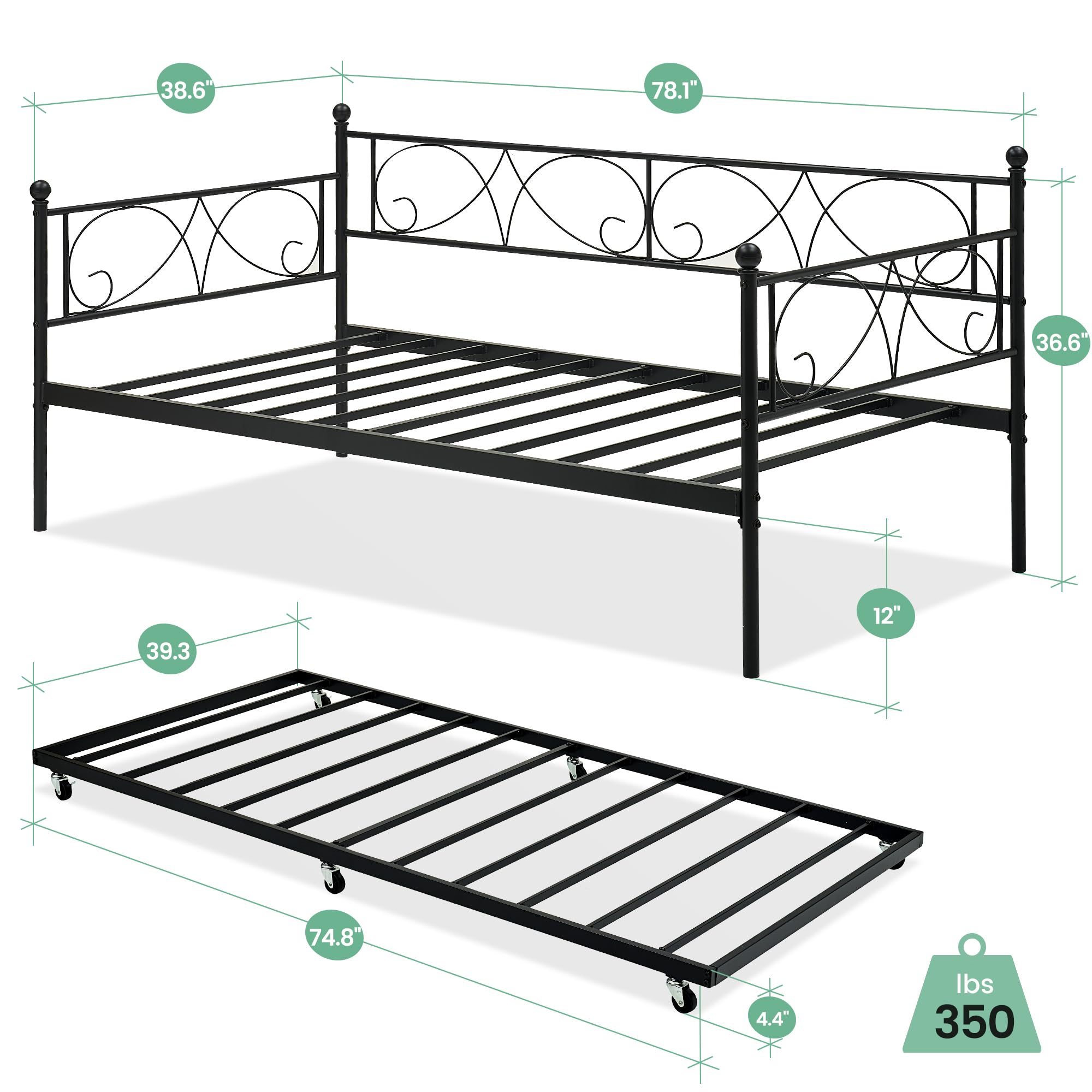 Twin Daybed with Trundle – Black Metal Frame Sofa Bed with Heavy Duty Slats for Living Room or Guest Room