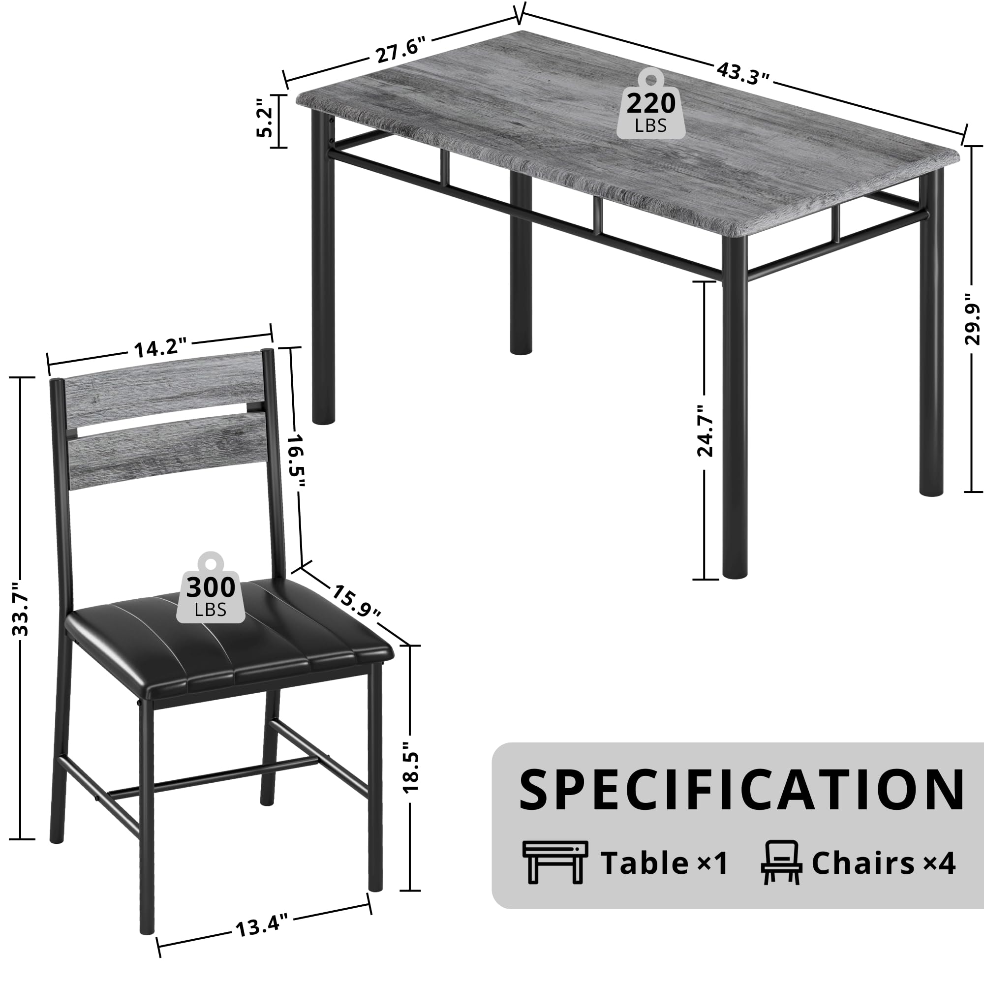 Dining Table Set for 4, Grey Upholstered Chairs with Wood Kitchen Table for Small Dining Room Spaces