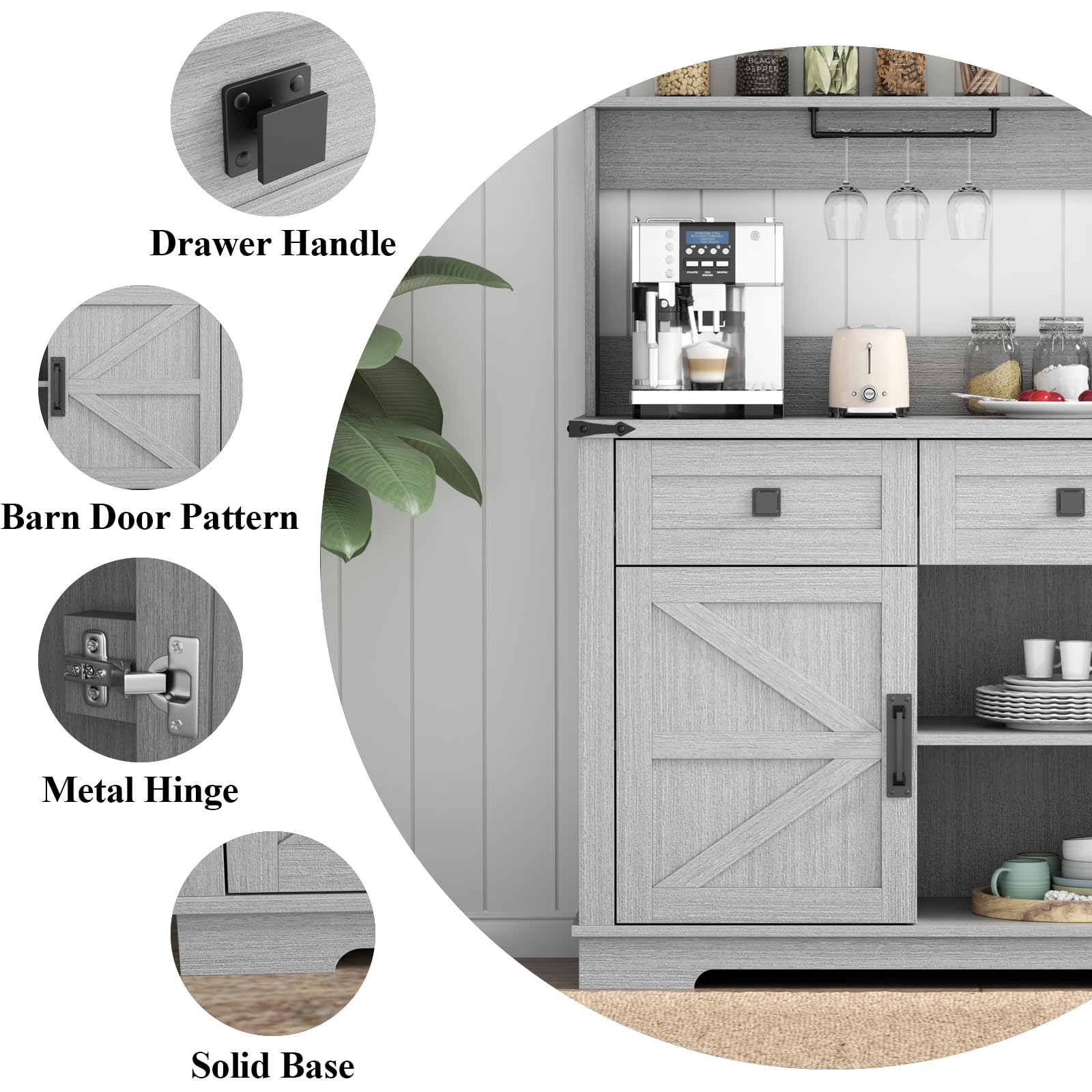 FURNIXI Grey Farmhouse Bar Cabinet with Hutch, Buffet Storage Unit with 3 Drawers, Cup Hooks, Goblet Holder for Kitchen Dining