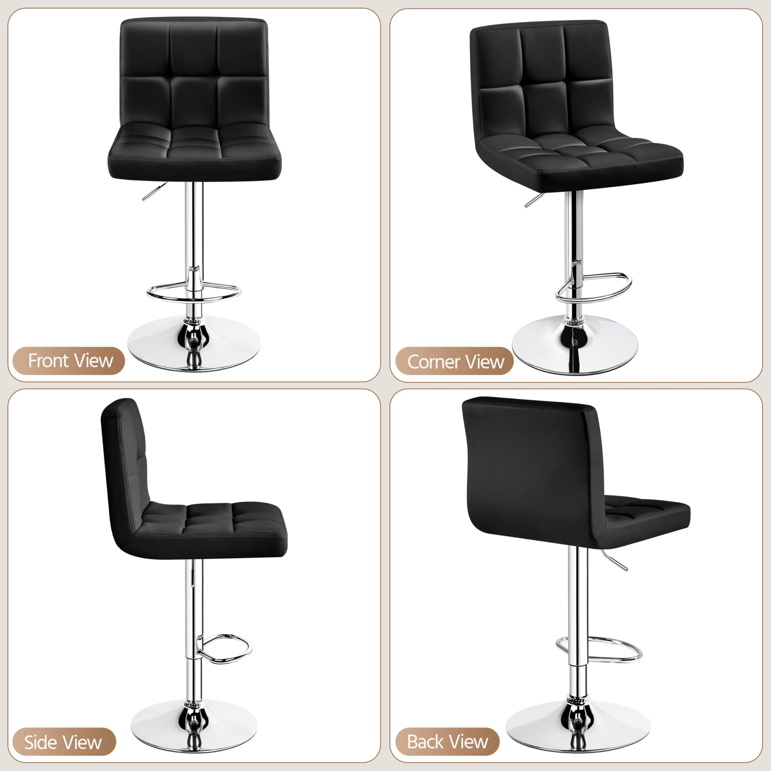Bar Stools Set of 2, PU Leather Adjustable Swivel Counter Stools with Back & Footrest, Modern Bar Chairs for Kitchen, Black