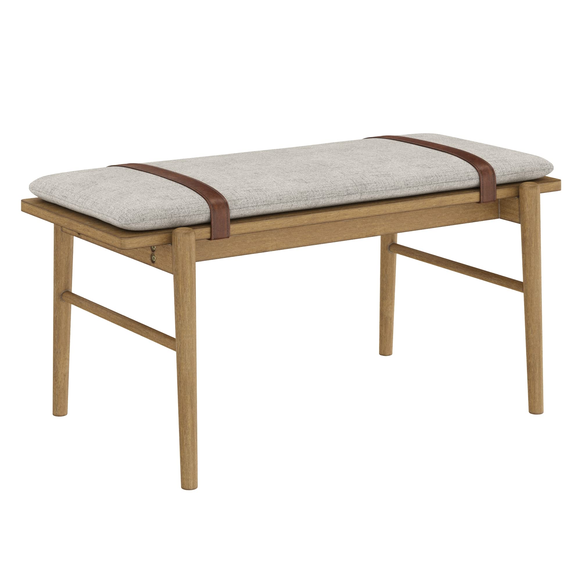 Gugan Mid-Century Wooden Bench Seat, Light Brown Bench with Ivory Cushion for Entryway, Bedroom