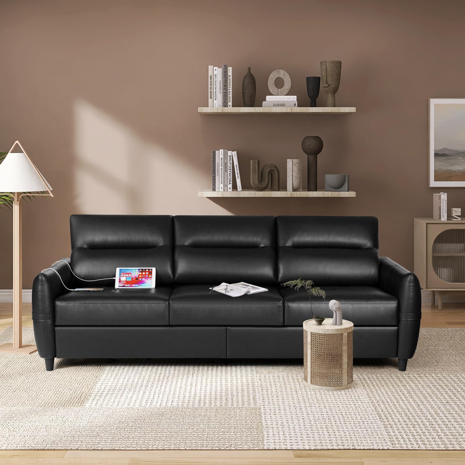 85” Black Faux Leather Couch with USB, Mid-Century 3-Seater Sofa for Living Room, Office, Apartment, Modern Design