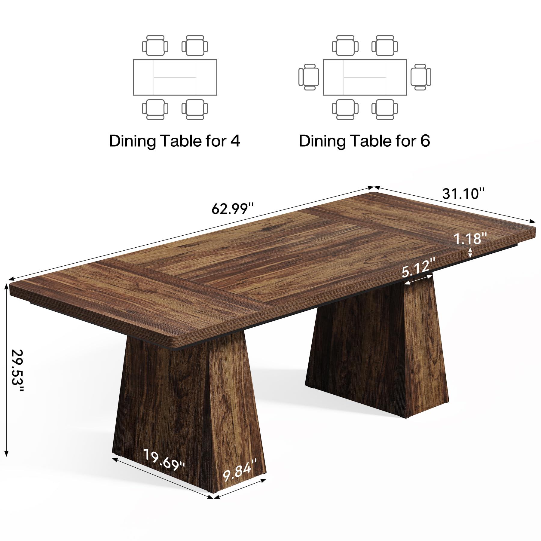 TREE 6-Person Dining Table, Rectangle Wooden Table with Heavy-Duty Legs for Kitchen or Dining Room, Brown