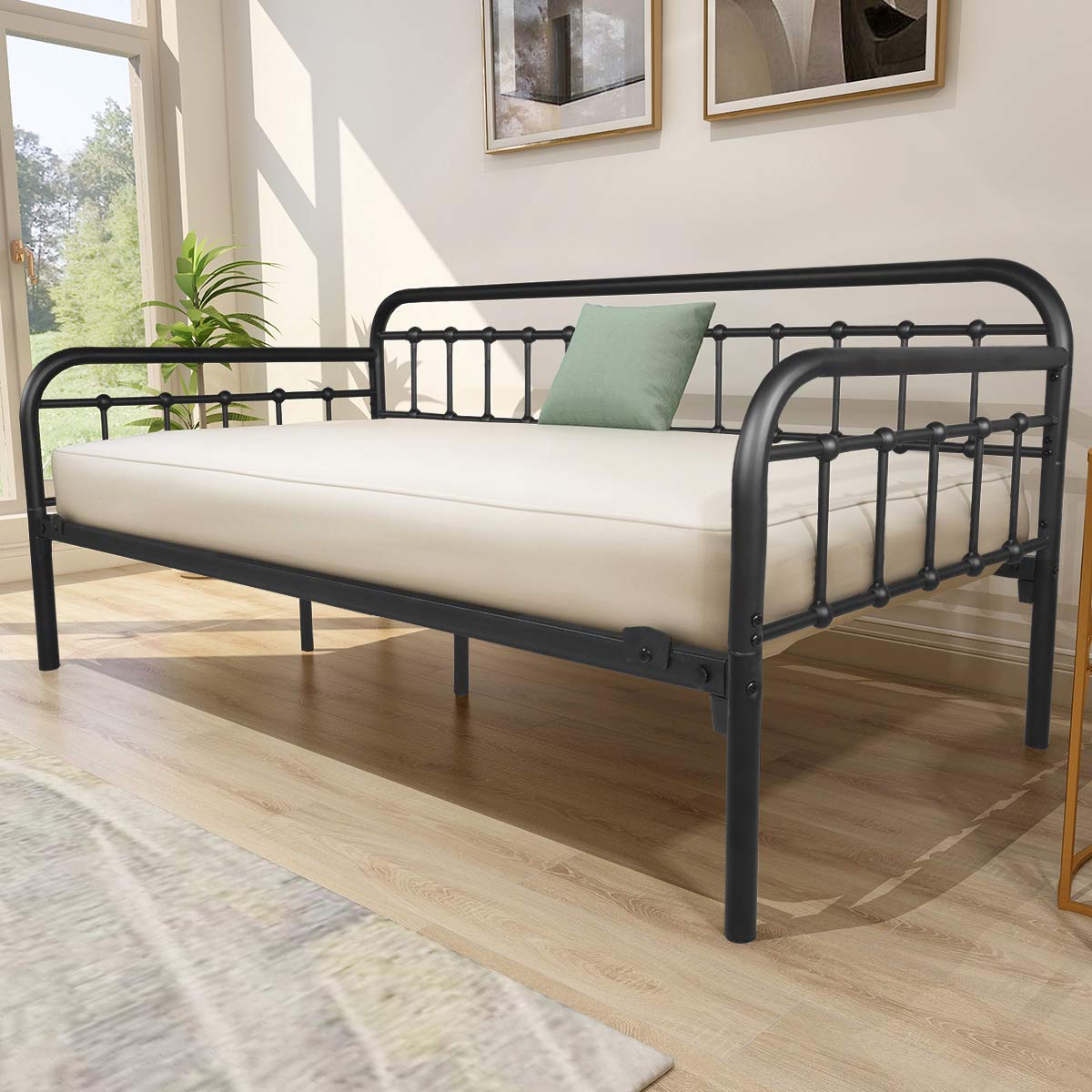 Metal Twin Daybed Frame – Black Sanded Platform Sofa Bed with Heavy-Duty Steel Slats for Bedroom or Guest Room