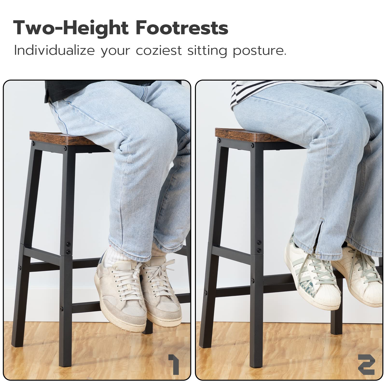 Bar Stools Set of 2, 23.6" Saddle Counter Chairs with Footrest, Rustic Industrial Barstools for Kitchen, Dining Room, Brown/Black