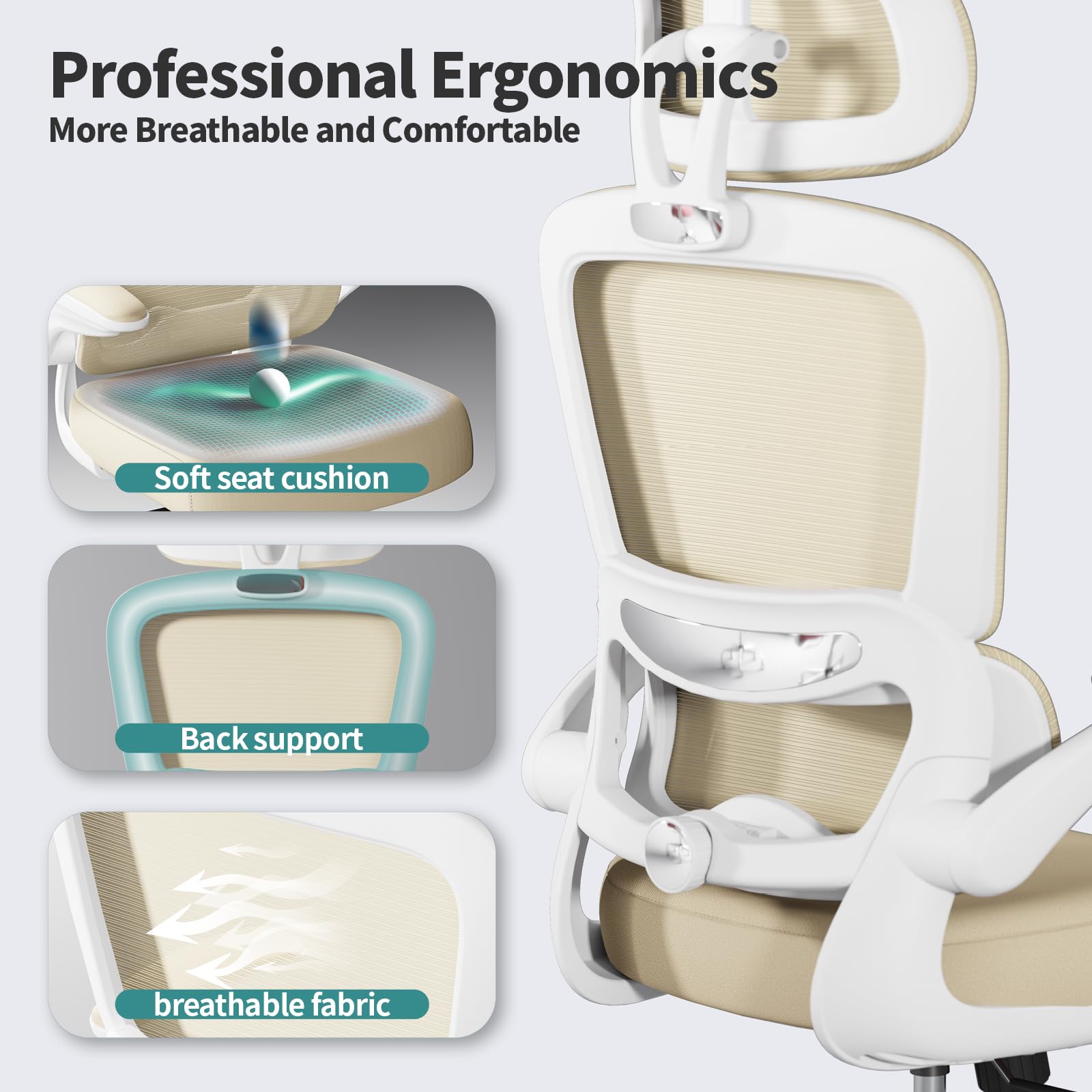 330 LBS Ergonomic Mesh Office Chair, High-Back Desk Chair with Wheels for Long Hours Work, Beige