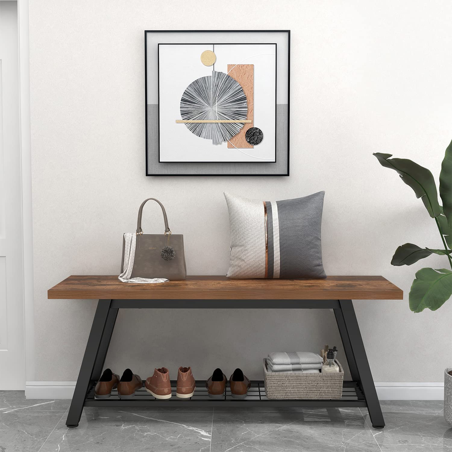 Industrial Rustic Storage Bench, Entryway Long Bench with Metal Frame and Shoe Rack, Retro Brown