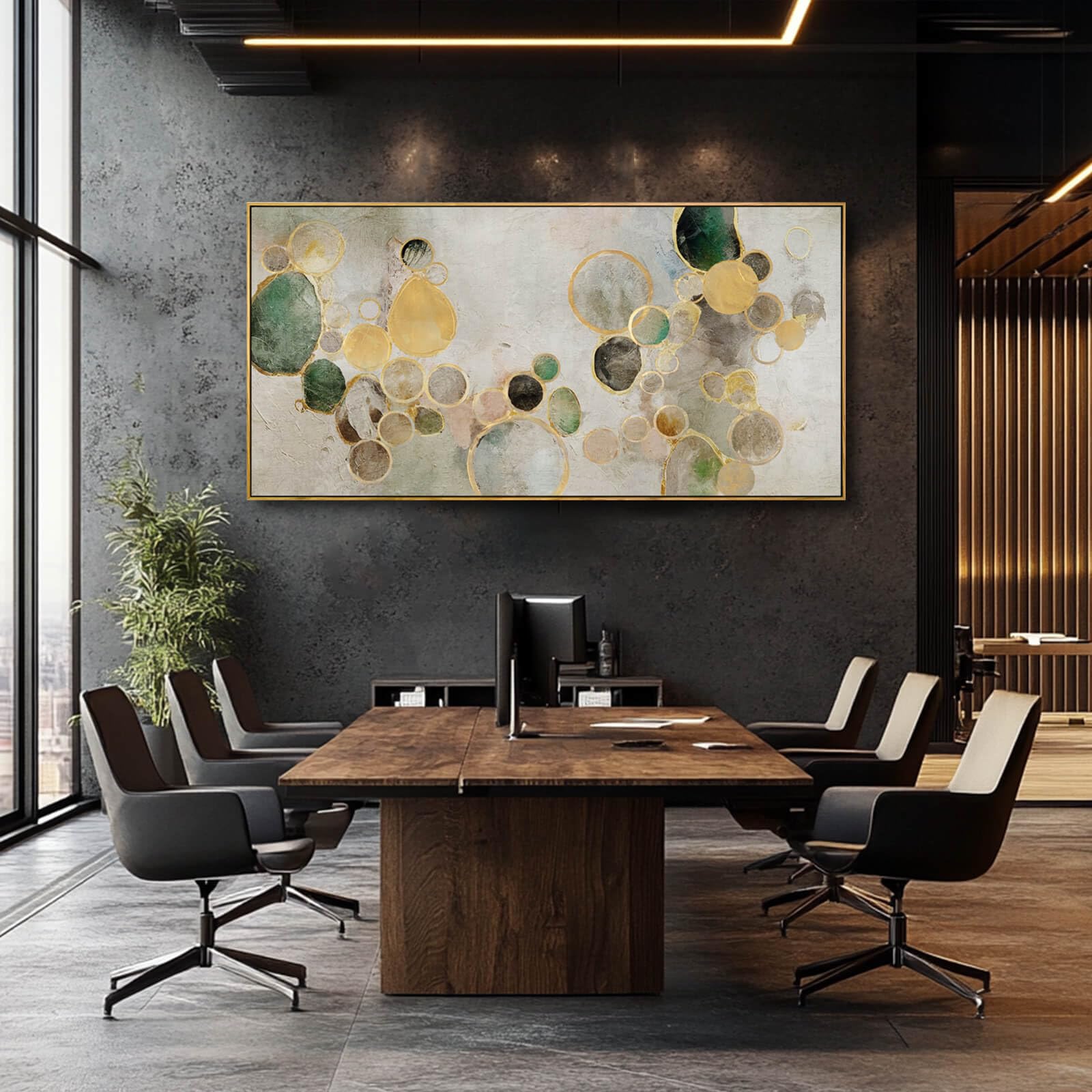 Large Abstract Wall Art – 29"x58" Gold Circle & Green Canvas Print for Living Room, Office or Bedroom Walls