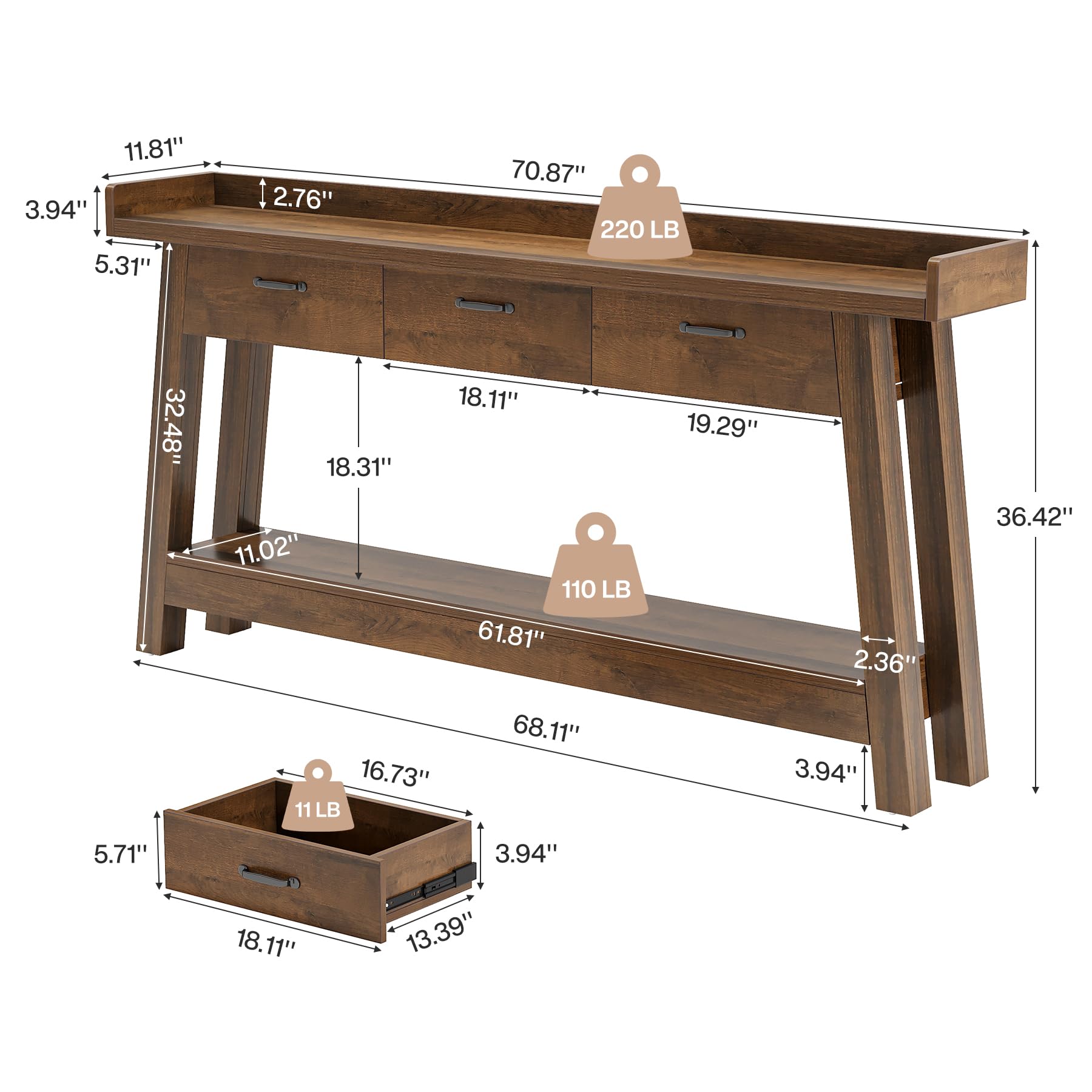 70.9" Farmhouse Console Table with 3 Drawers, 2-Tier Entryway Sofa Table with Raised Baffle & Storage, Rustic Brown