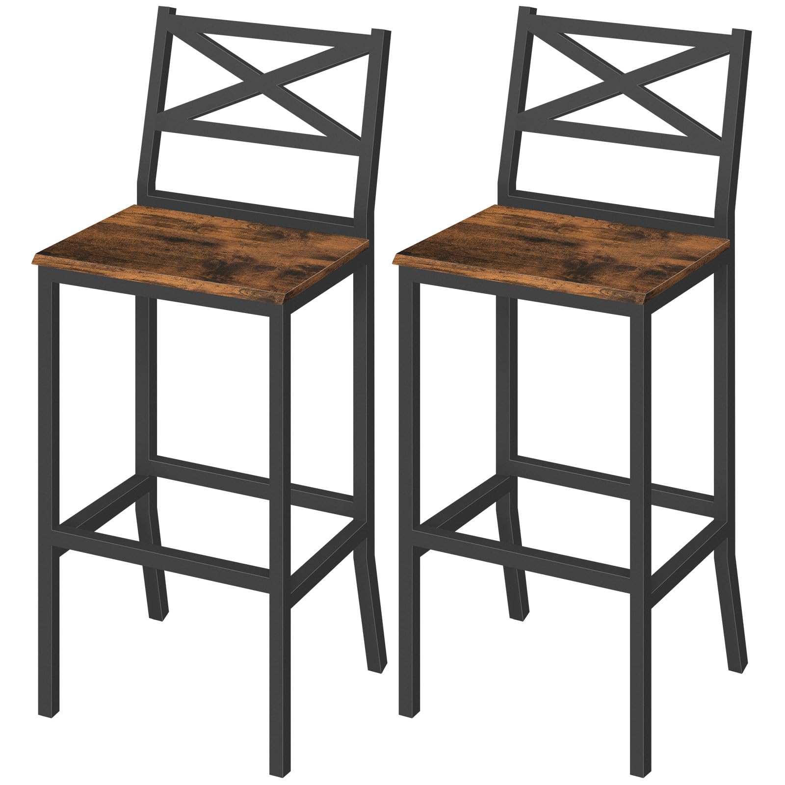 Bar Stools Set of 2, 26" Counter Height Chairs with Backrest & Footrest, Easy Assembly Kitchen Breakfast Bar Chairs, Rustic Brown