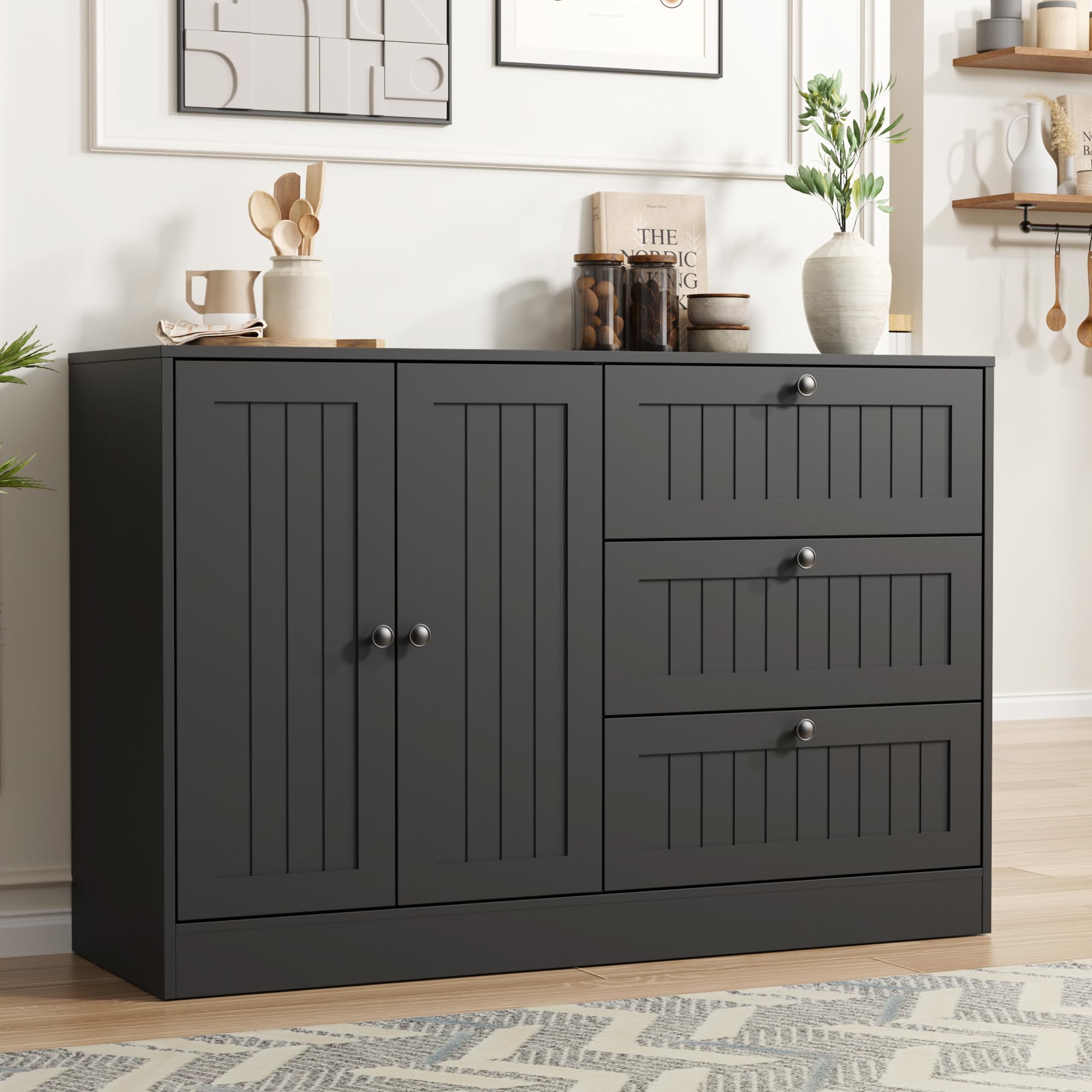 Sideboard Buffet Cabinet with Storage, 47" Black Farmhouse Kitchen Cabinet with 3 Drawers, Coffee Bar for Living Room
