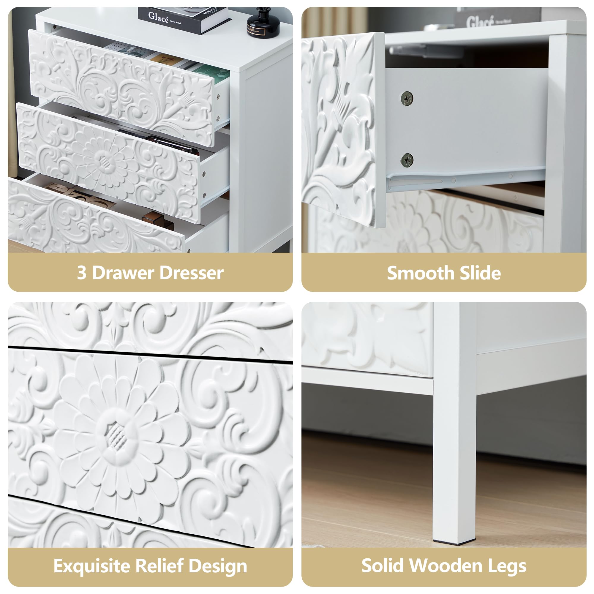 White 3-Drawer Wide Dresser, Carved Nightstand Cabinet with Storage for Bedroom, Hallway, Entryway, Office