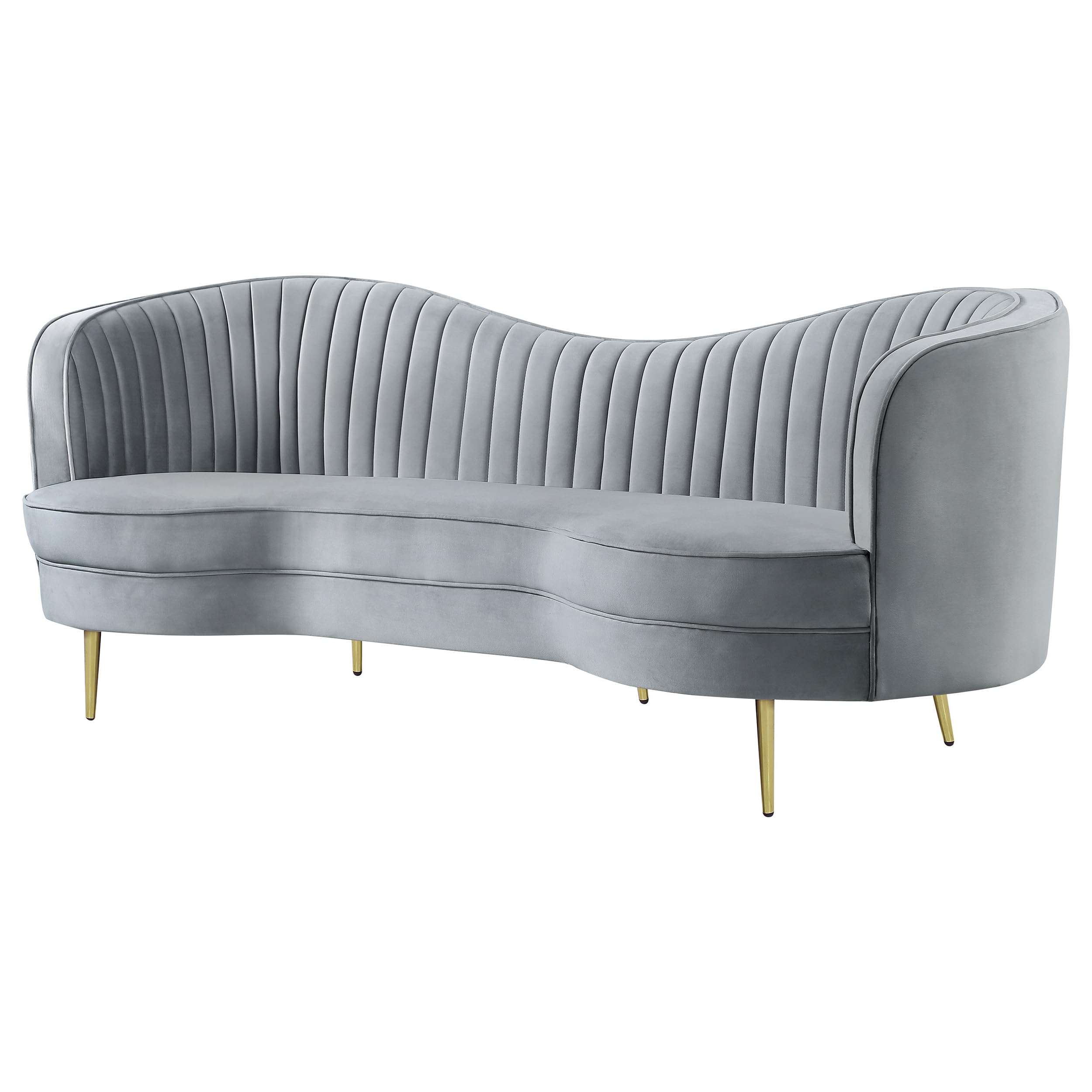 Sophia Gray Tufted Loveseat Sofa with Inverted Camel Back, Velvet Upholstery & Gold Legs for Living Room