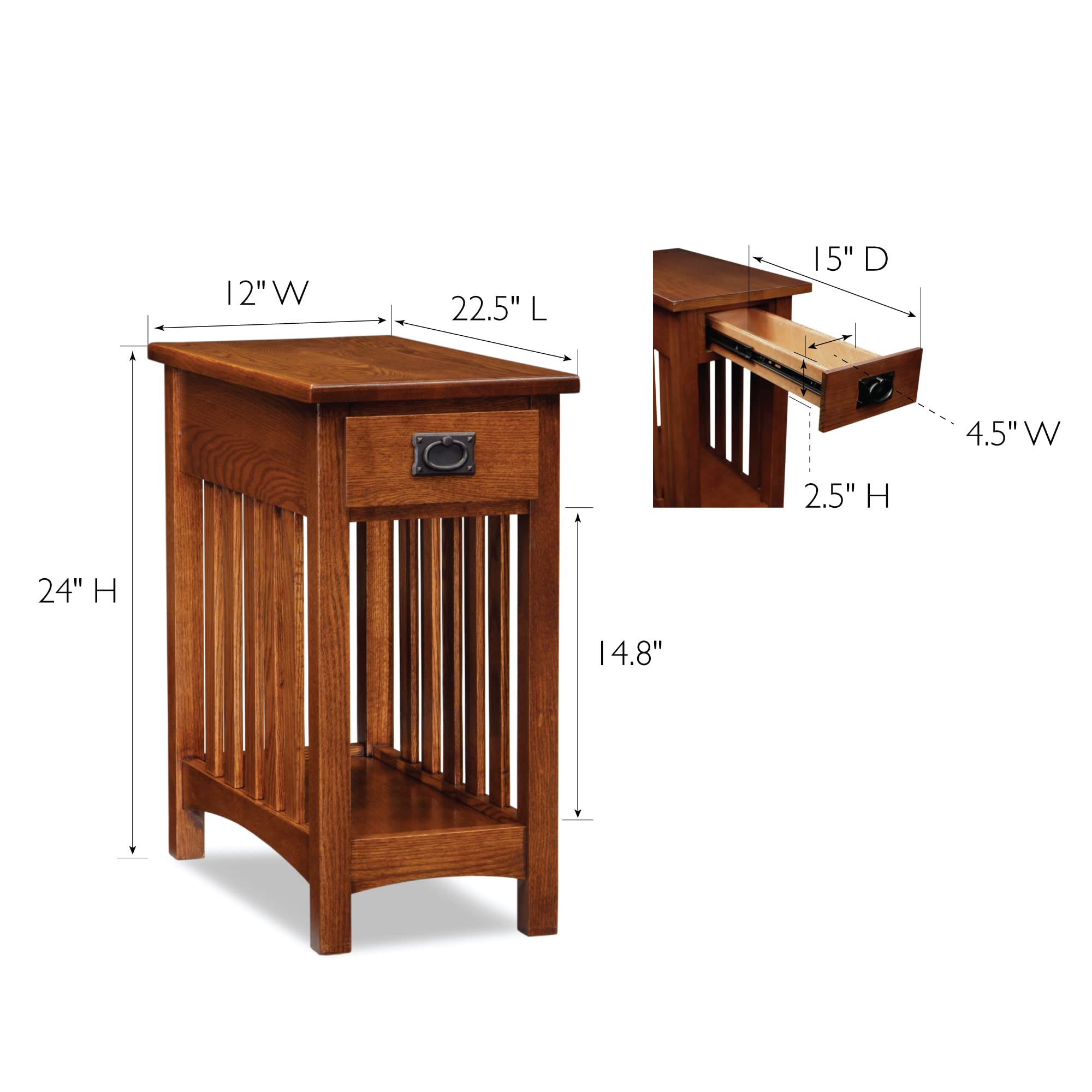 Medium Oak Mission End Table, Narrow Wood Side Table with Drawer and Shelf, Easy Assembly