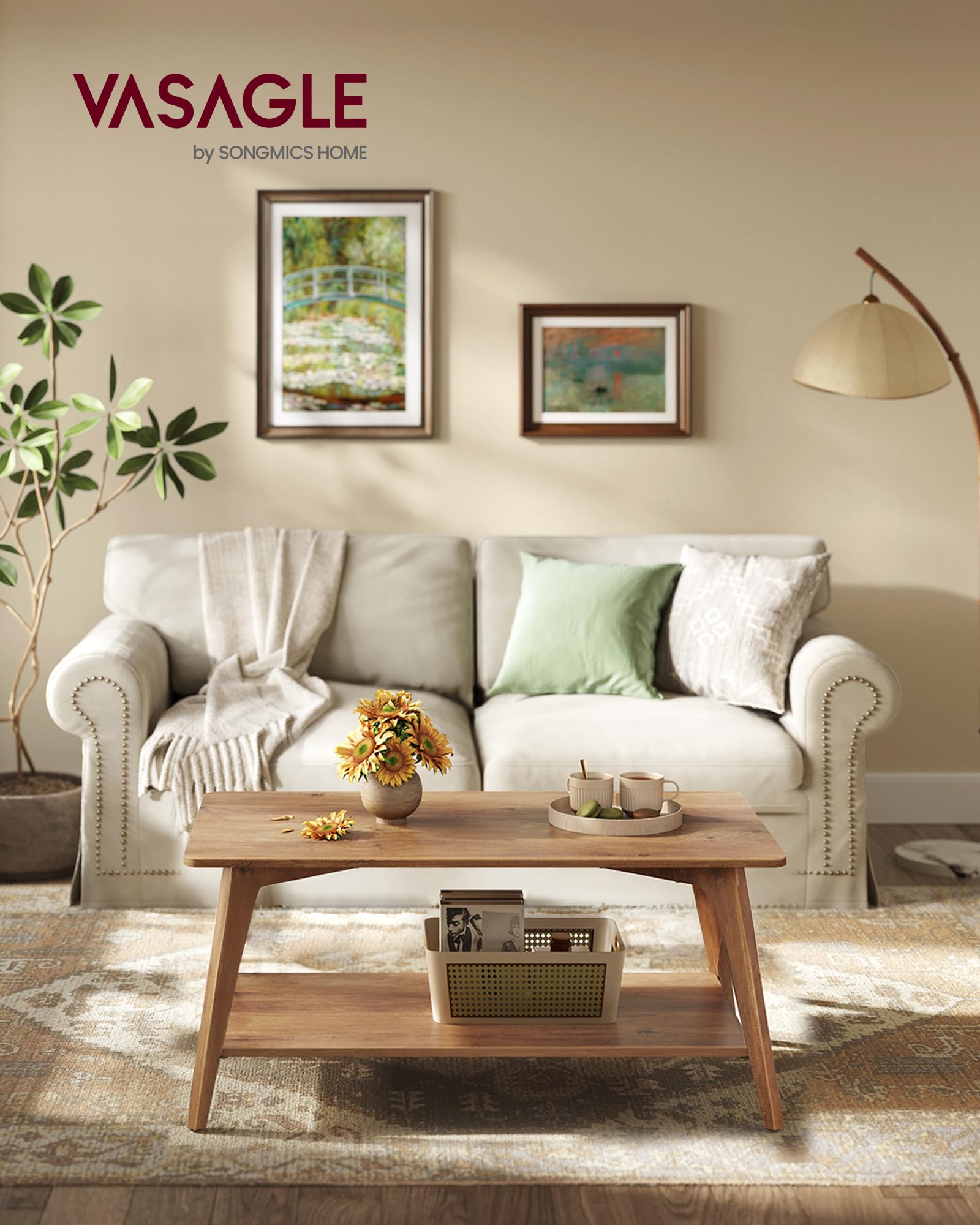 Honey Brown Coffee Table, 2-Tier Living Room Table with Storage & Rounded Corners, Easy Assembly, ULCT249K01