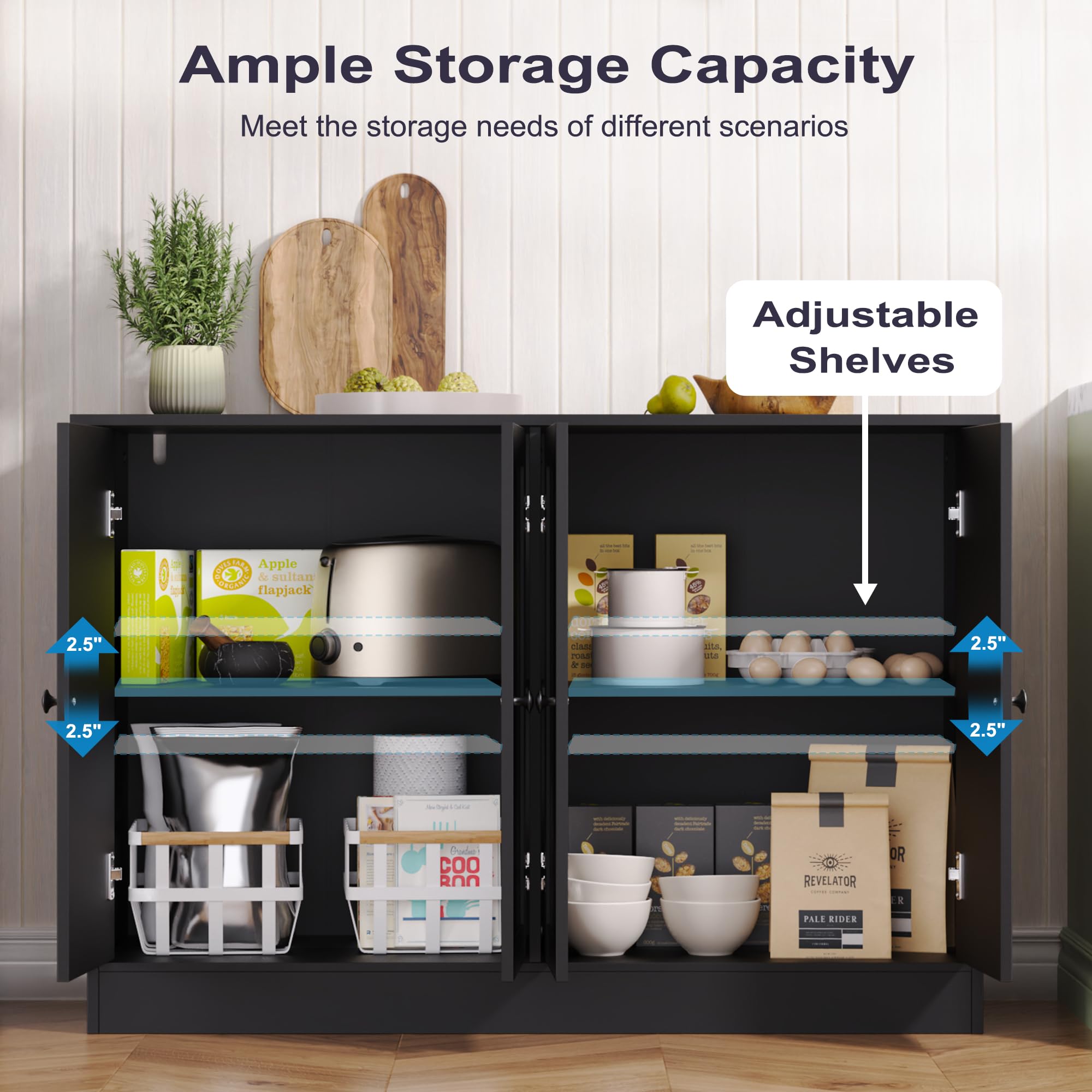 Sideboard Buffet Cabinet with Storage, 47" Black Wood Kitchen Cabinet with 4 Doors, Farmhouse Coffee Bar for Dining Room