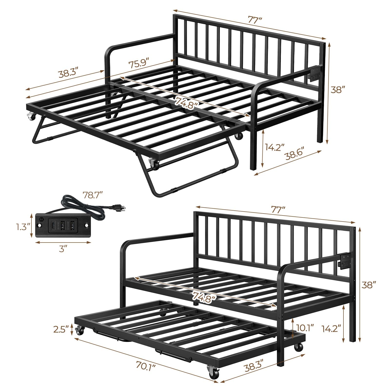 Adjustable Twin Daybed – Metal Sofa Bed with Trundle, Charging Station & LED Lights, Great for Living Room or Guest Room