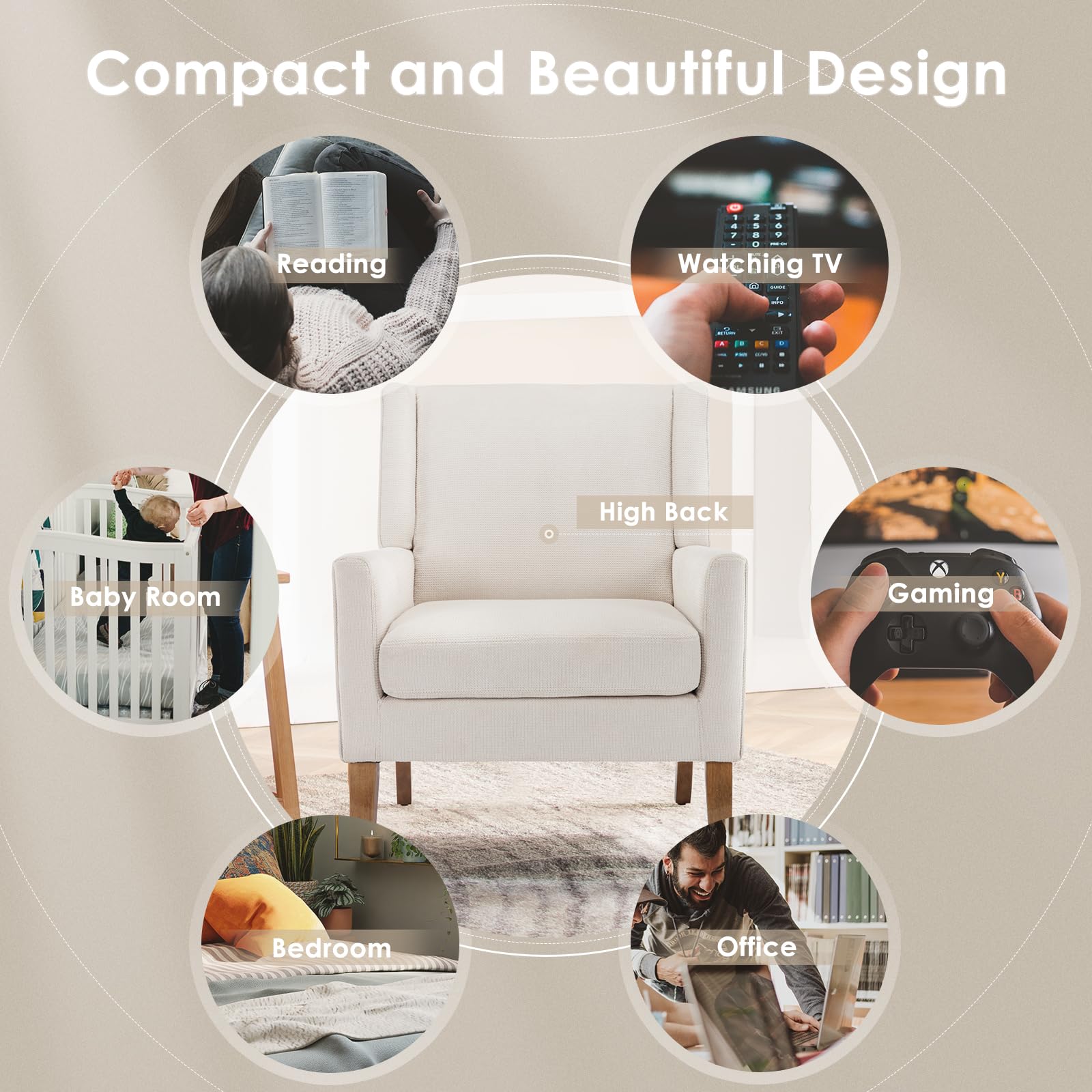 Modern Wingback Accent Chair, Upholstered Fabric Armchair with Lounge Seat & Wood Legs for Living Room, Beige