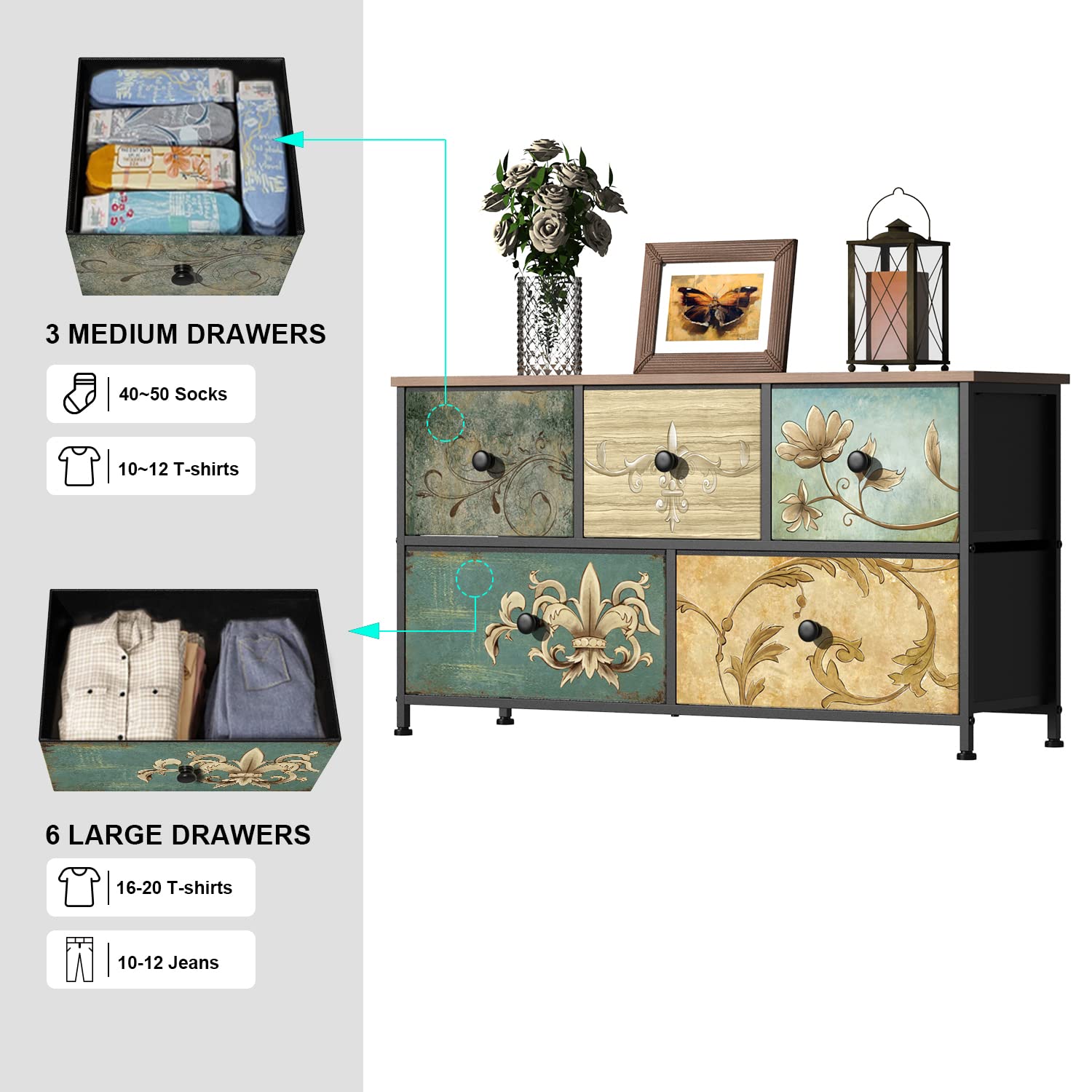 5-Drawer Fabric Dresser for Bedroom Closet, Nursery Hallway, TV Stand Cabinet with Retro Floral Pattern Wood Top Drawers