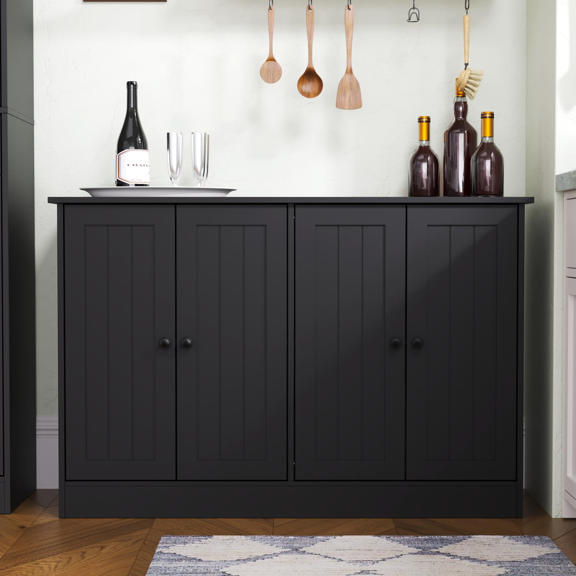 Sideboard Buffet Cabinet with Storage, 47" Black Wood Kitchen Cabinet with 4 Doors, Farmhouse Coffee Bar for Dining Room