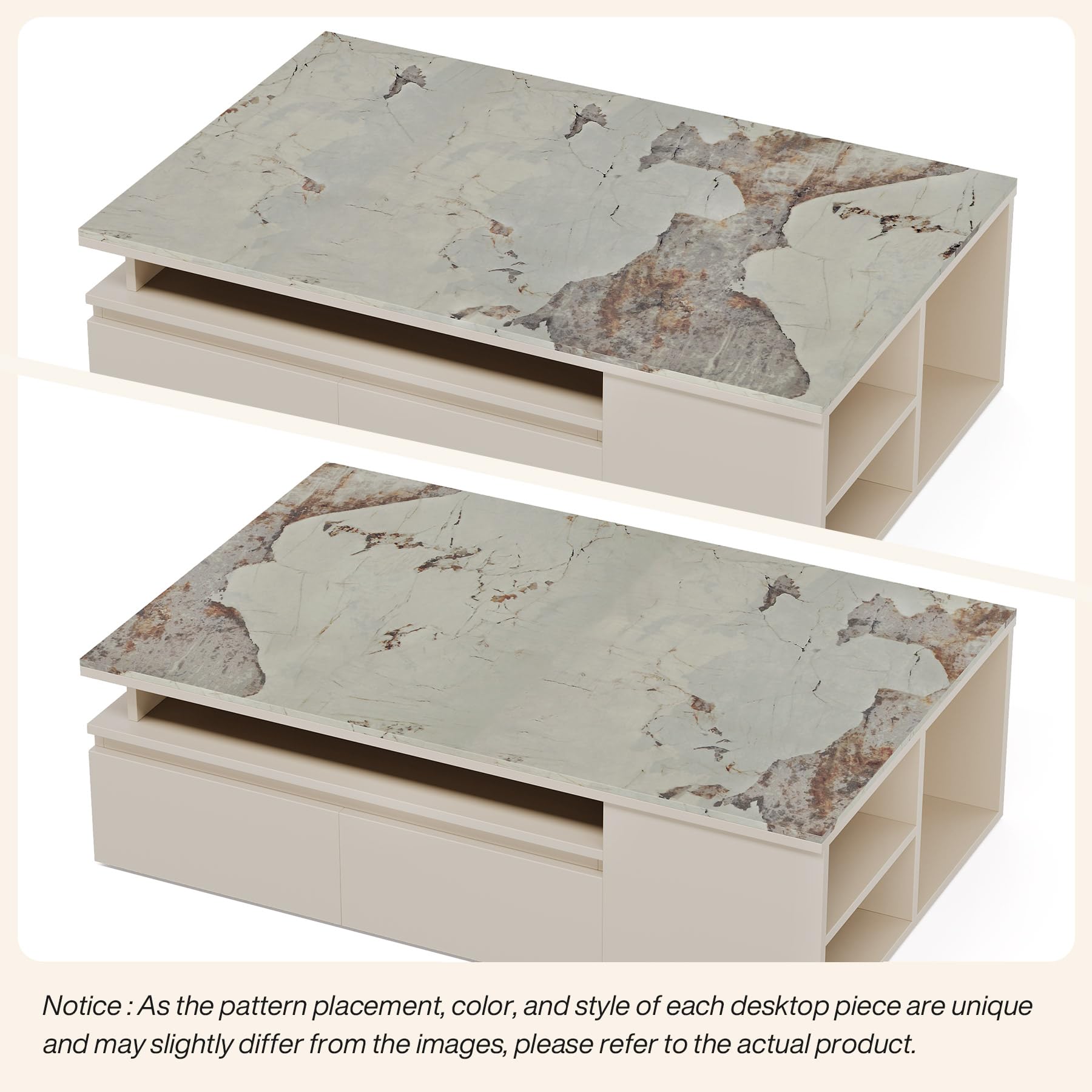 Extendable Coffee Table with Faux Marble Top, 4 Drawers & Storage Shelf, Expands from 51” to 71”