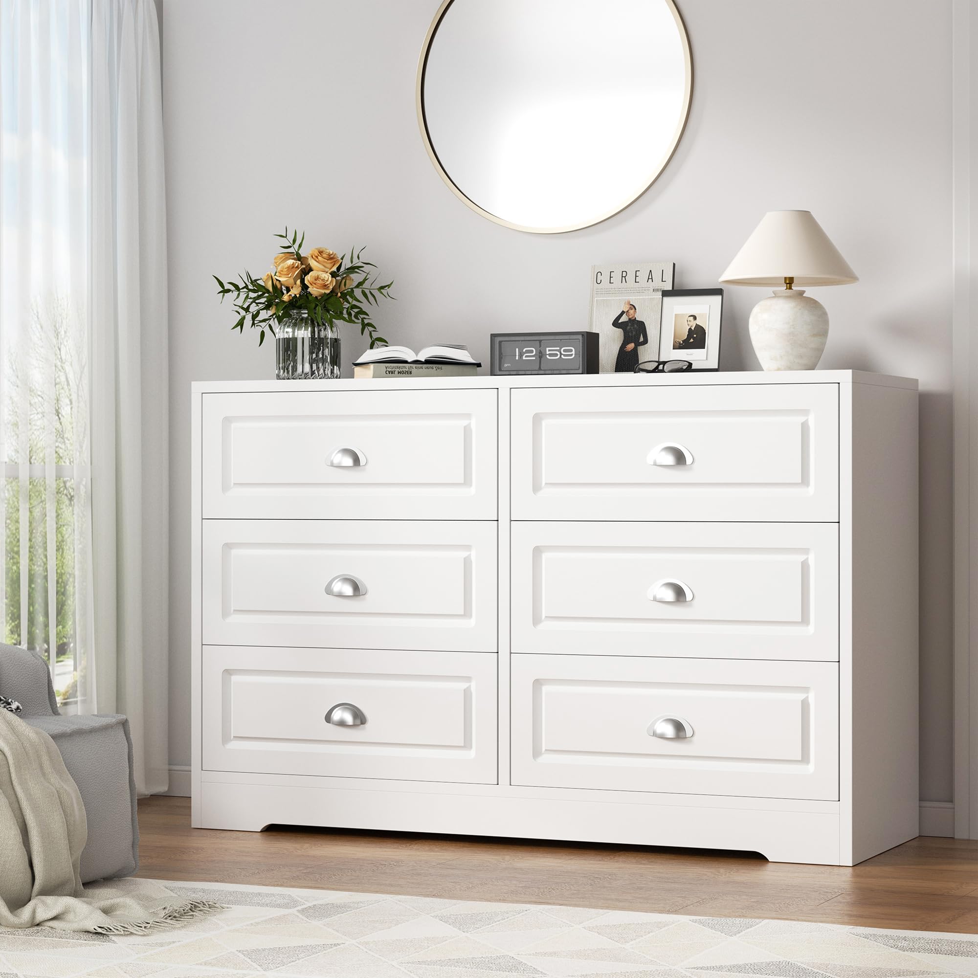 6-Drawer White Dresser – Modern Double Dresser with Metal Handles, Ideal as Bedroom Storage or Living Room TV Stand