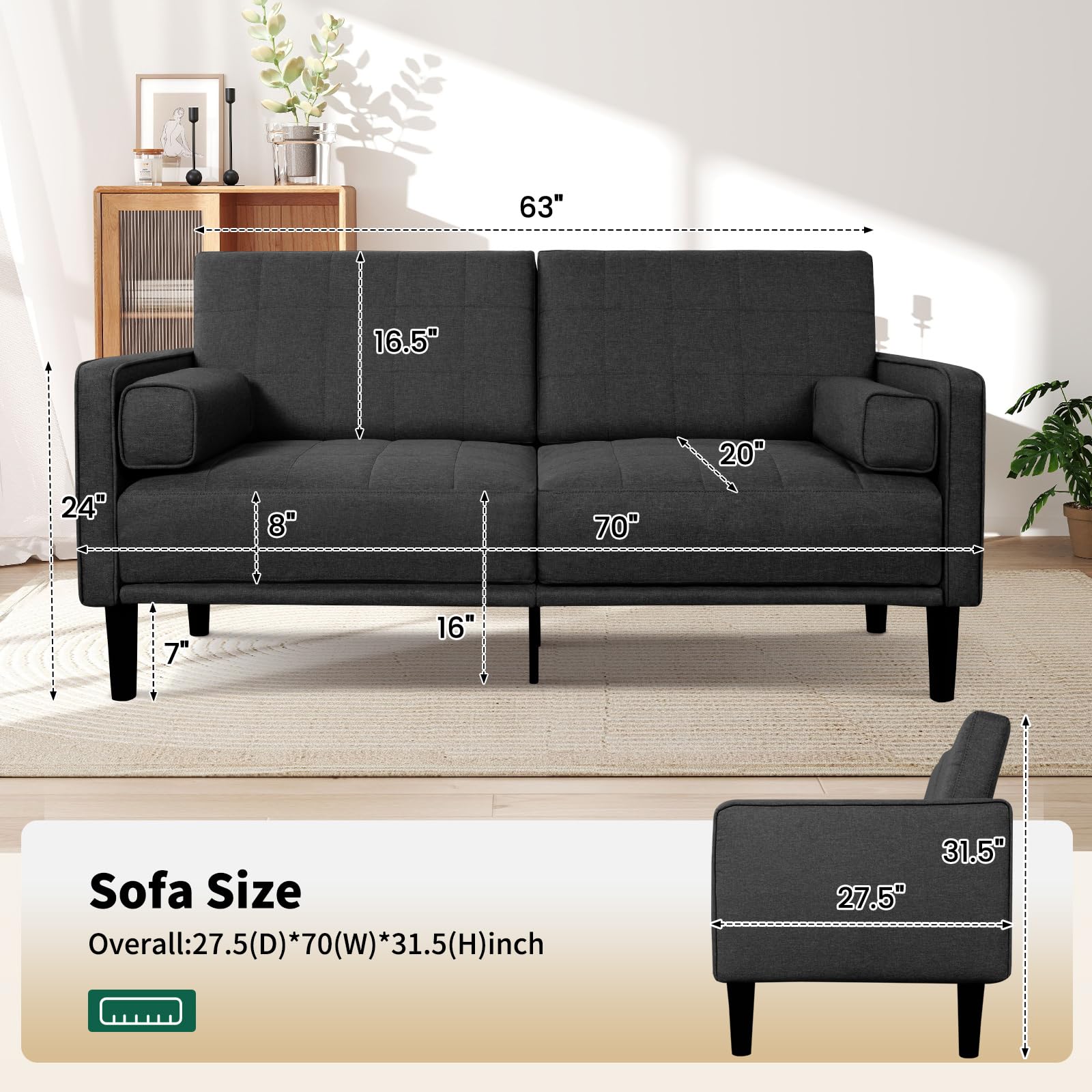 70" Dark Gray Comfy Loveseat Sofa, Recliner Sofa Couch, with Removable Washable Cover, High Density Foam Cushions, Solid Wood Frame, Ideal for Living Rooms, Easy to Assemble