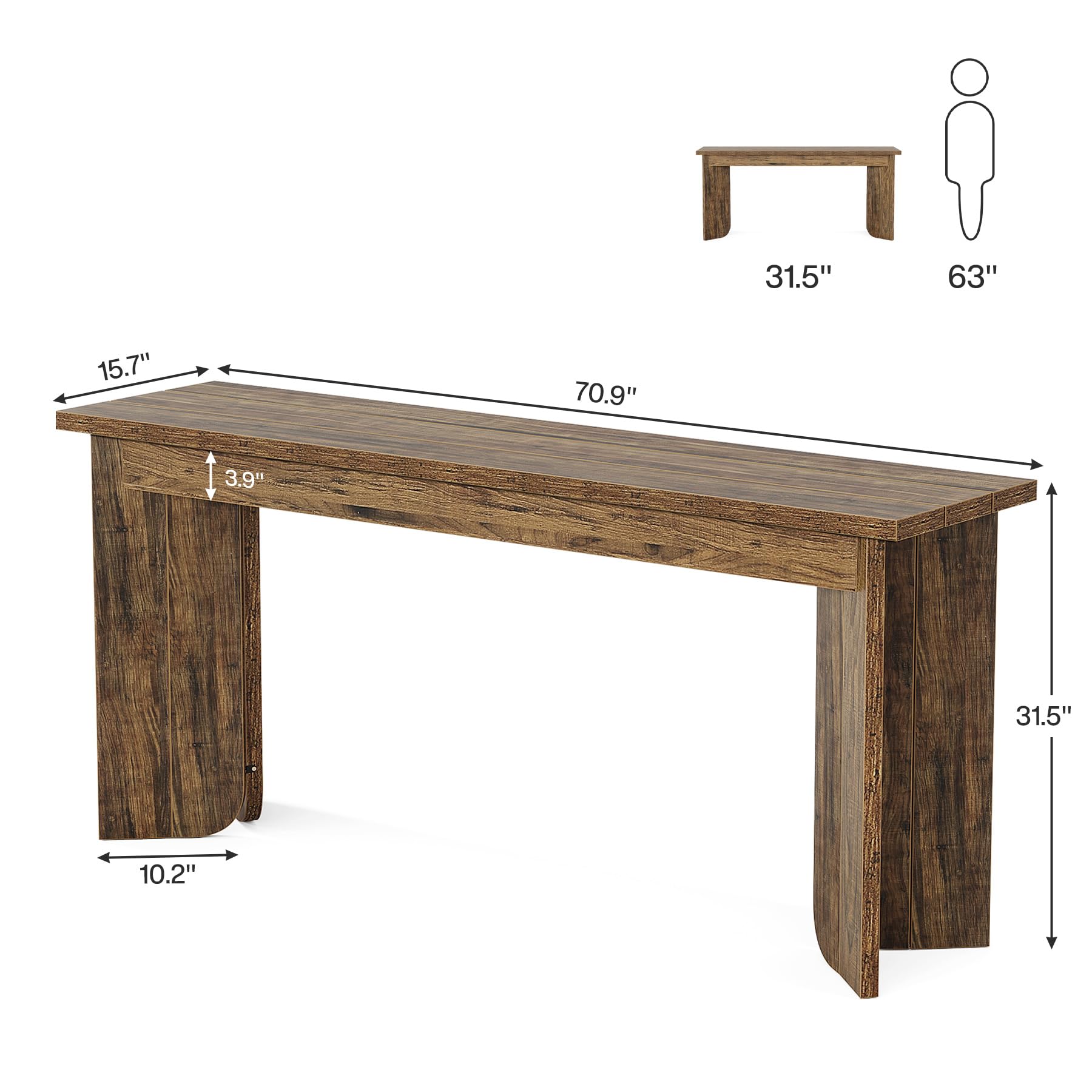 70.9" Extra Long Farmhouse Console Table, Wooden Sofa Table with Wide Top & Sturdy Pedestal for Living Room, Brown