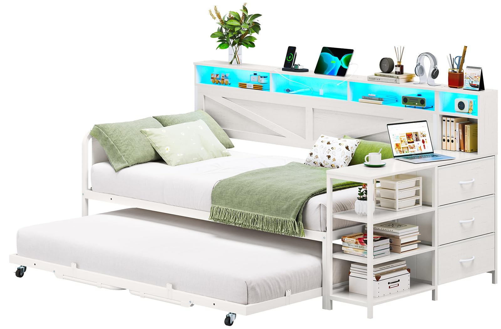 Twin to King Daybed – White Farmhouse Daybed with Trundle, 3 Drawers, Shelves, LED Lights & Charging Station