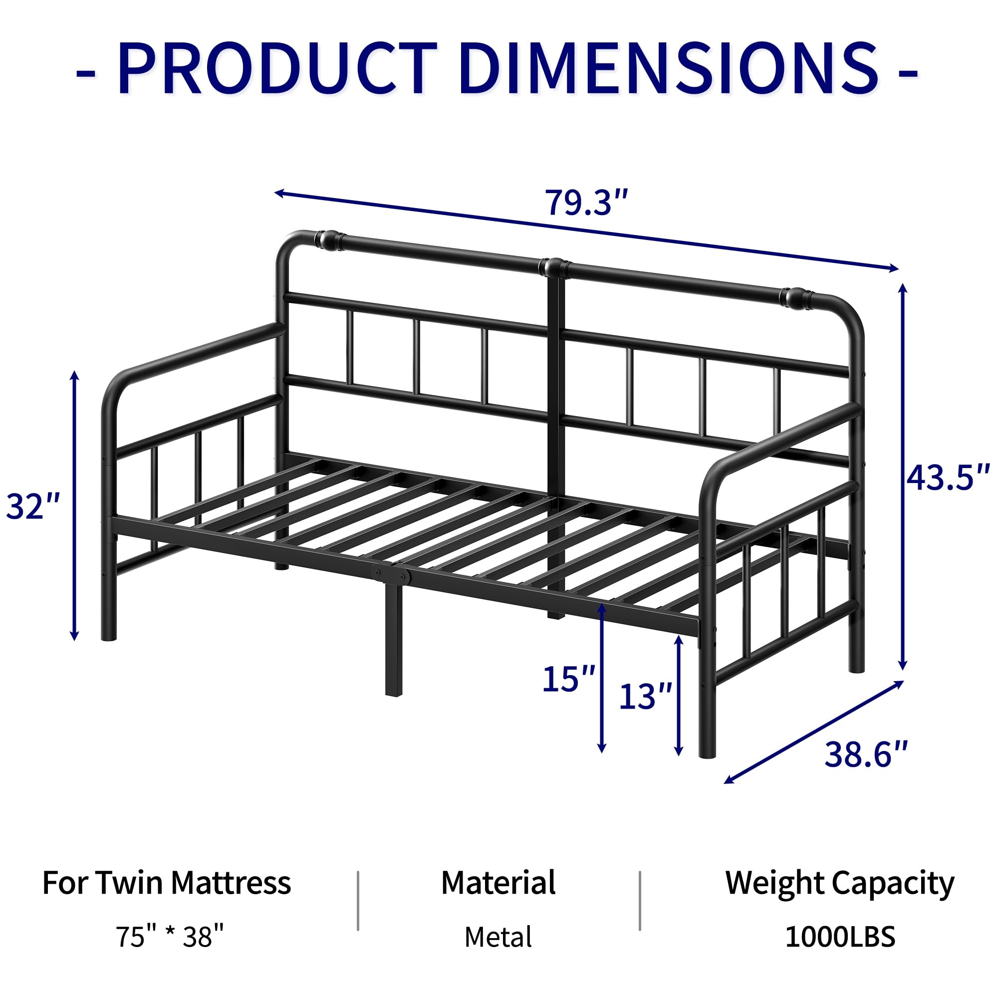 Classic Twin Daybed Frame – Black Metal Frame with Steel Slats, Durable Sofa Bed for Living Room or Bedroom