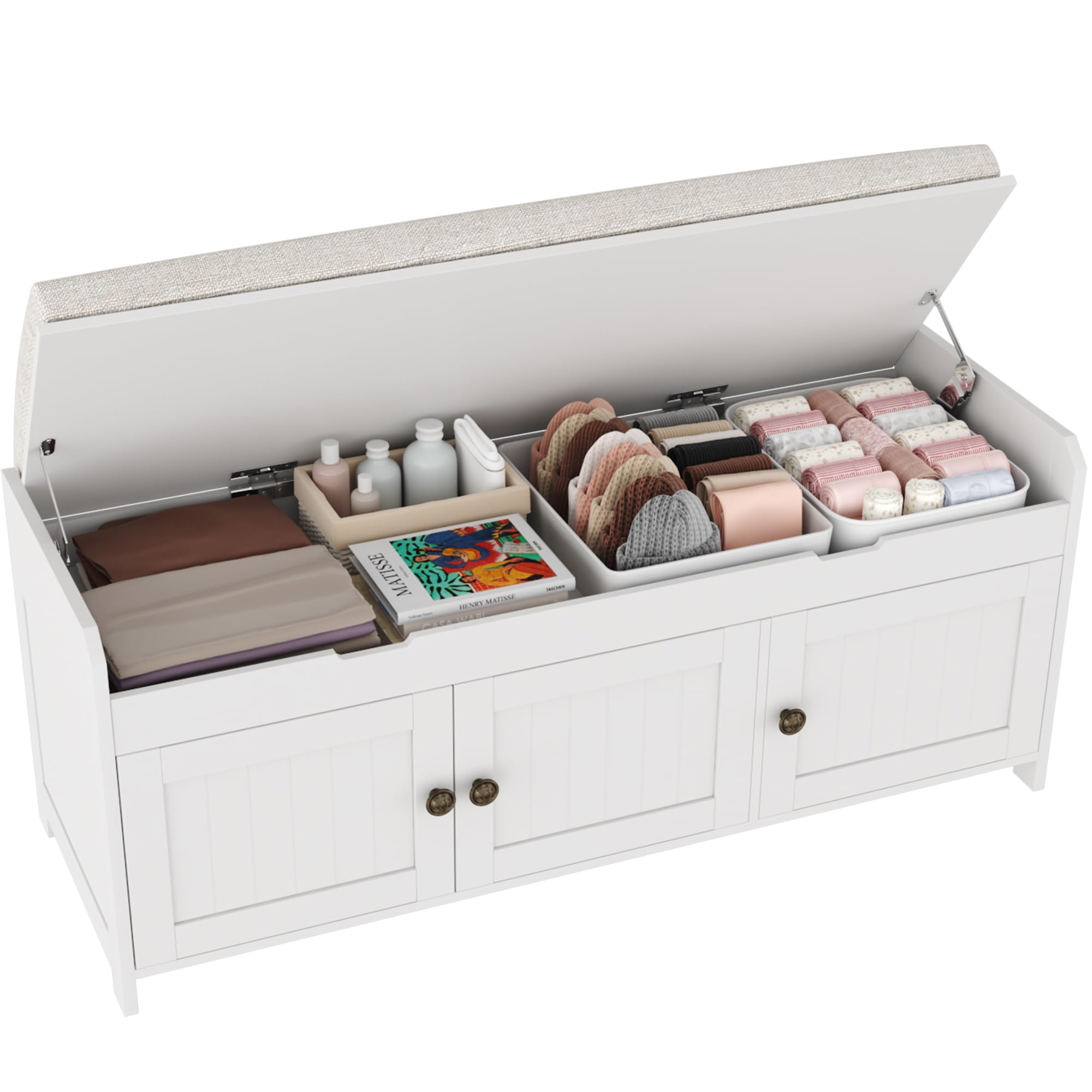 41.3" Entryway Shoe Bench with Cushioned Lift-Top Storage, Wooden Bed Bench Cabinet, White Finish
