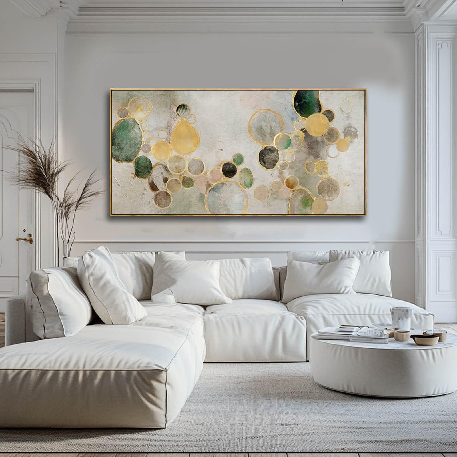 Large Abstract Wall Art – 29"x58" Gold Circle & Green Canvas Print for Living Room, Office or Bedroom Walls